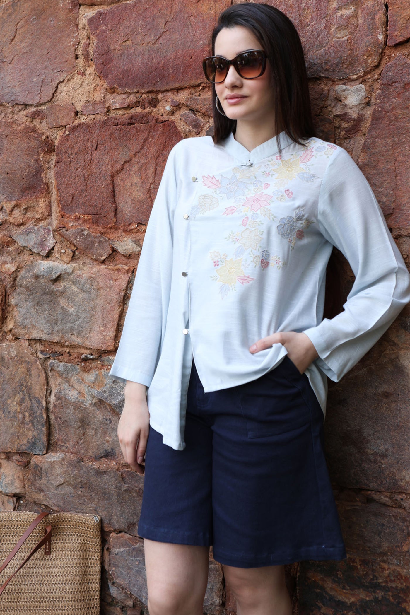 Pastel-Blue Embroidered (Applique & Cutwork) Pure Cotton Band-Collared Short-Blouse With An Asymmetrical Front Opening