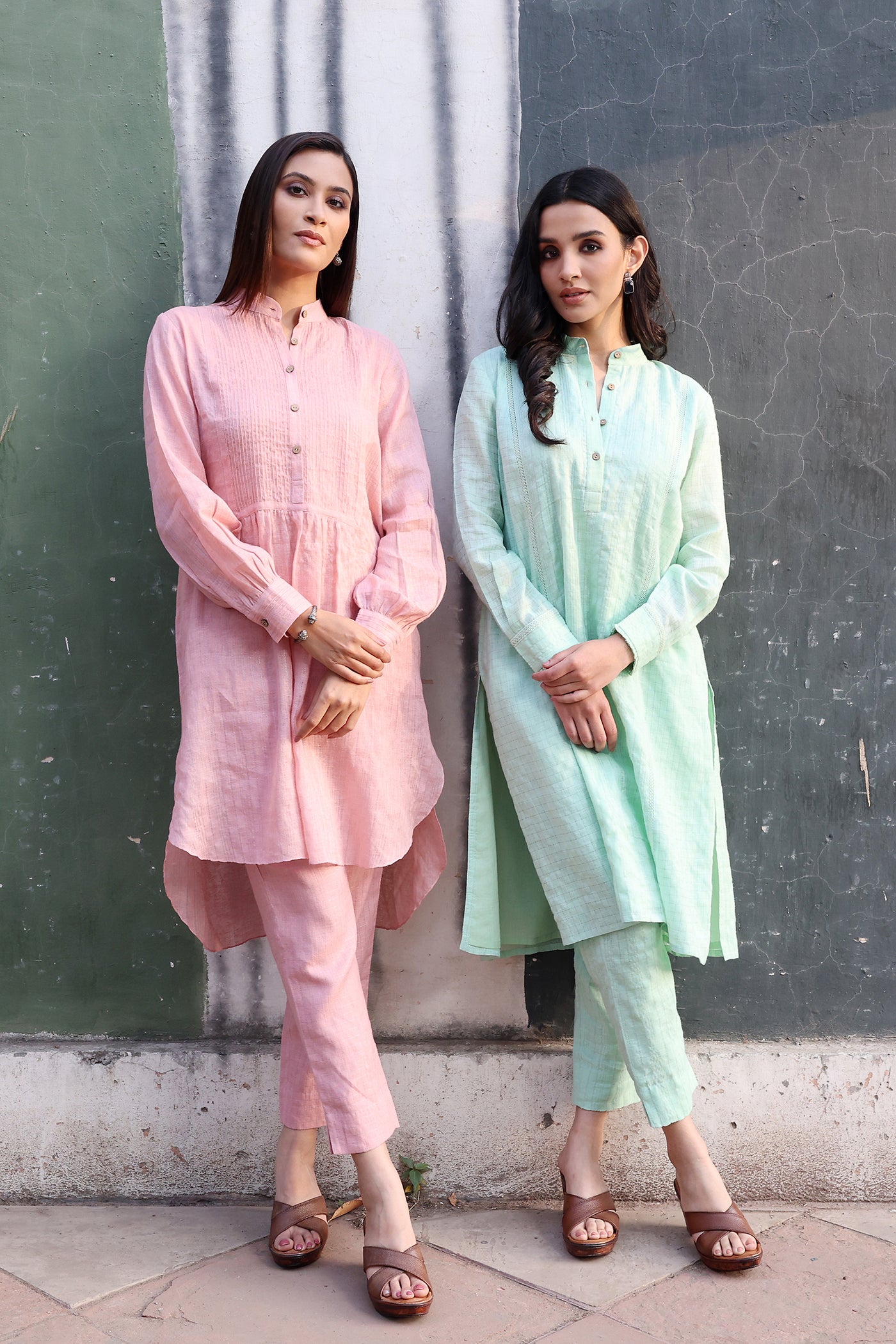 Pastel-Green Pure Linen (With Metallic Checks & Stripes) Band-Collared With Cotton-Laces Kurta-Pants Set