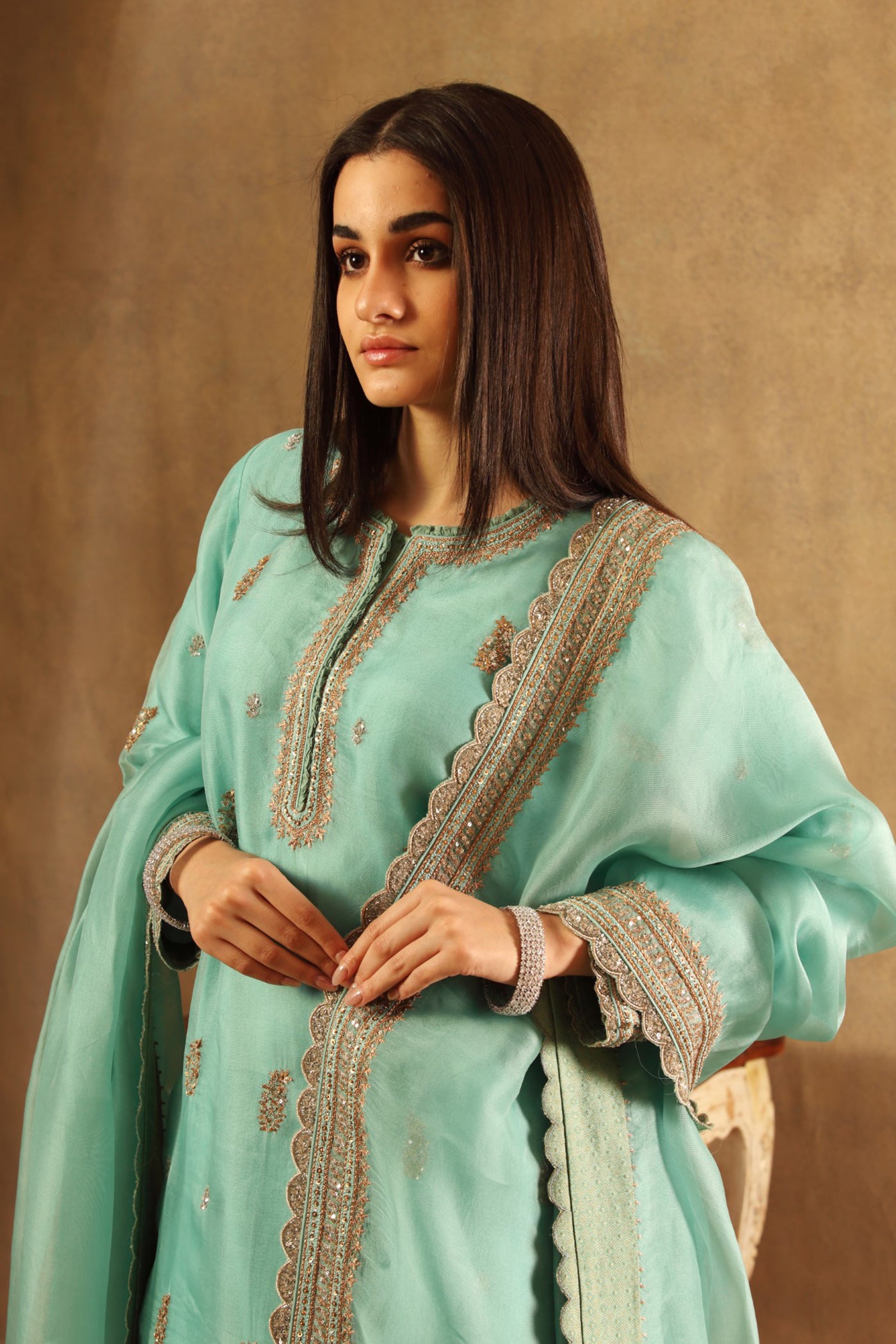 Hand Embroidered Pool Blue Pure Silk Organza Short Kurta Sharara Set