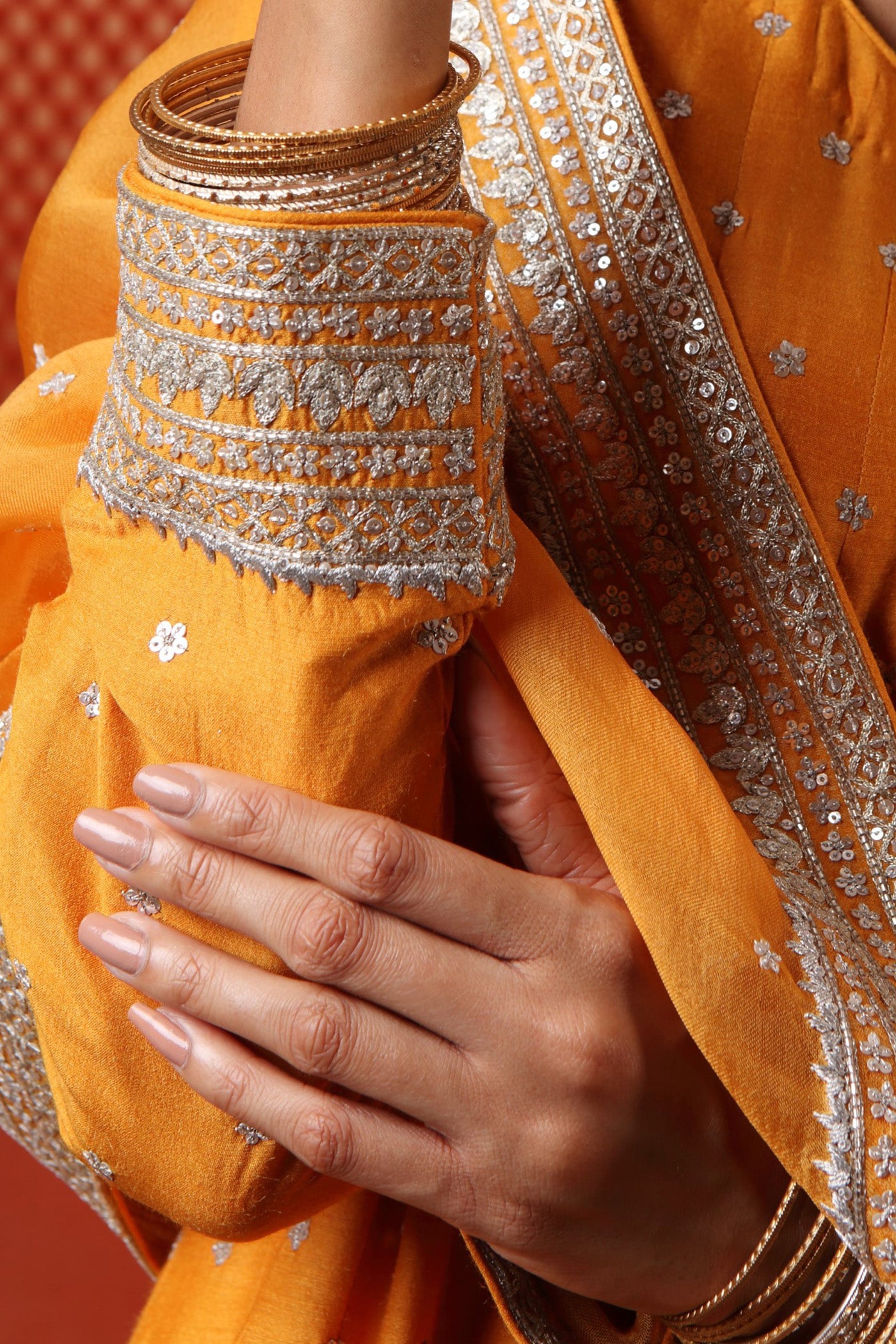 Hand Embroidered Mango Yellow Pure Muga Silk Anarkali Churidaar Set
