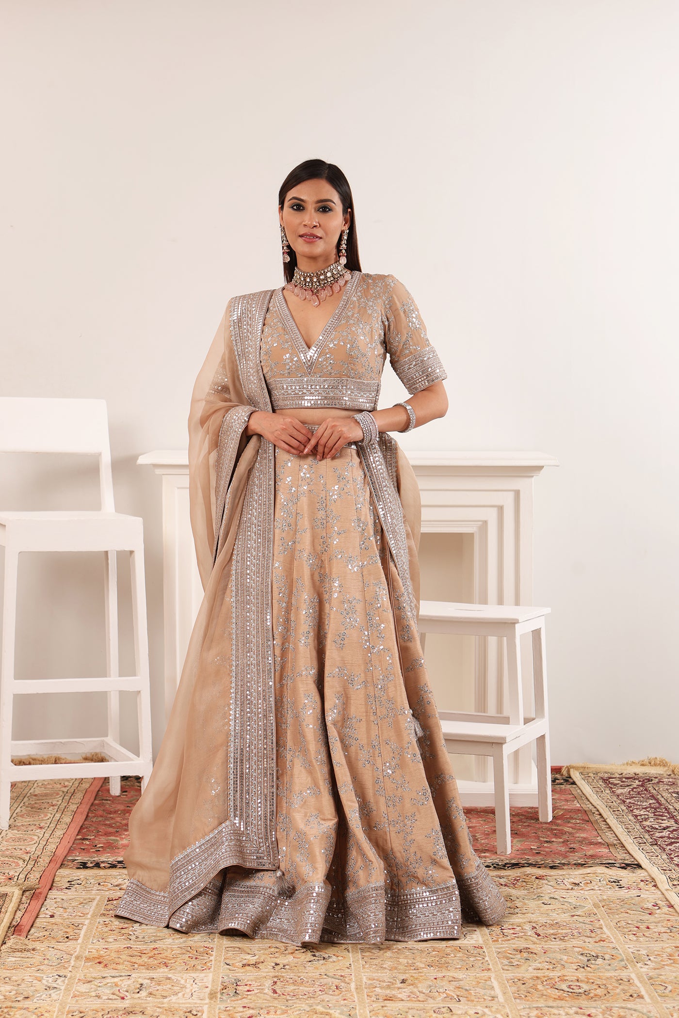 LIGHT BEIGE RAW SILK LEHENGA main image 1