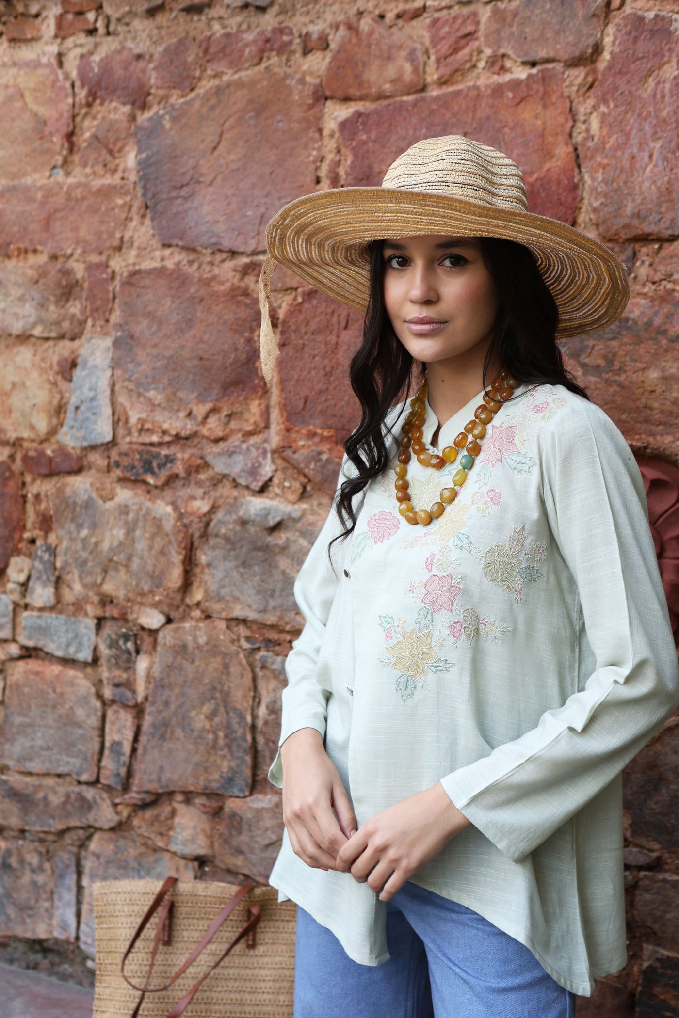 Fern-Green Embroidered (Applique & Cutwork) Pure Cotton Band-Collared Short-Blouse With An Asymmetrical Front Opening