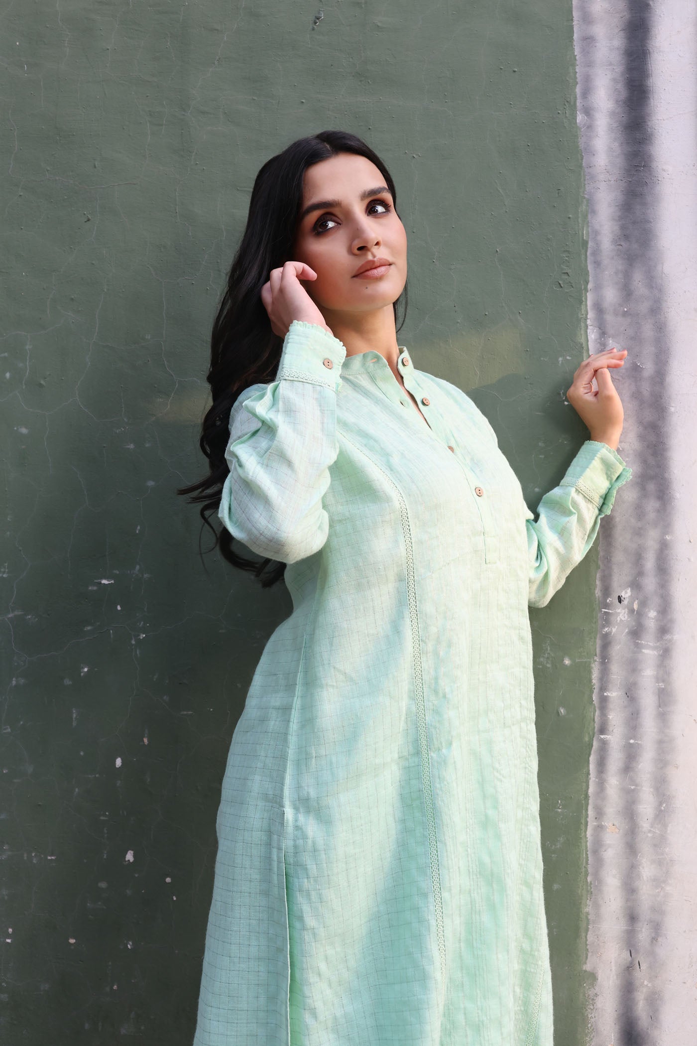 Pastel-Green Pure Linen (With Metallic Checks & Stripes) Band-Collared With Cotton-Laces Kurta-Pants Set