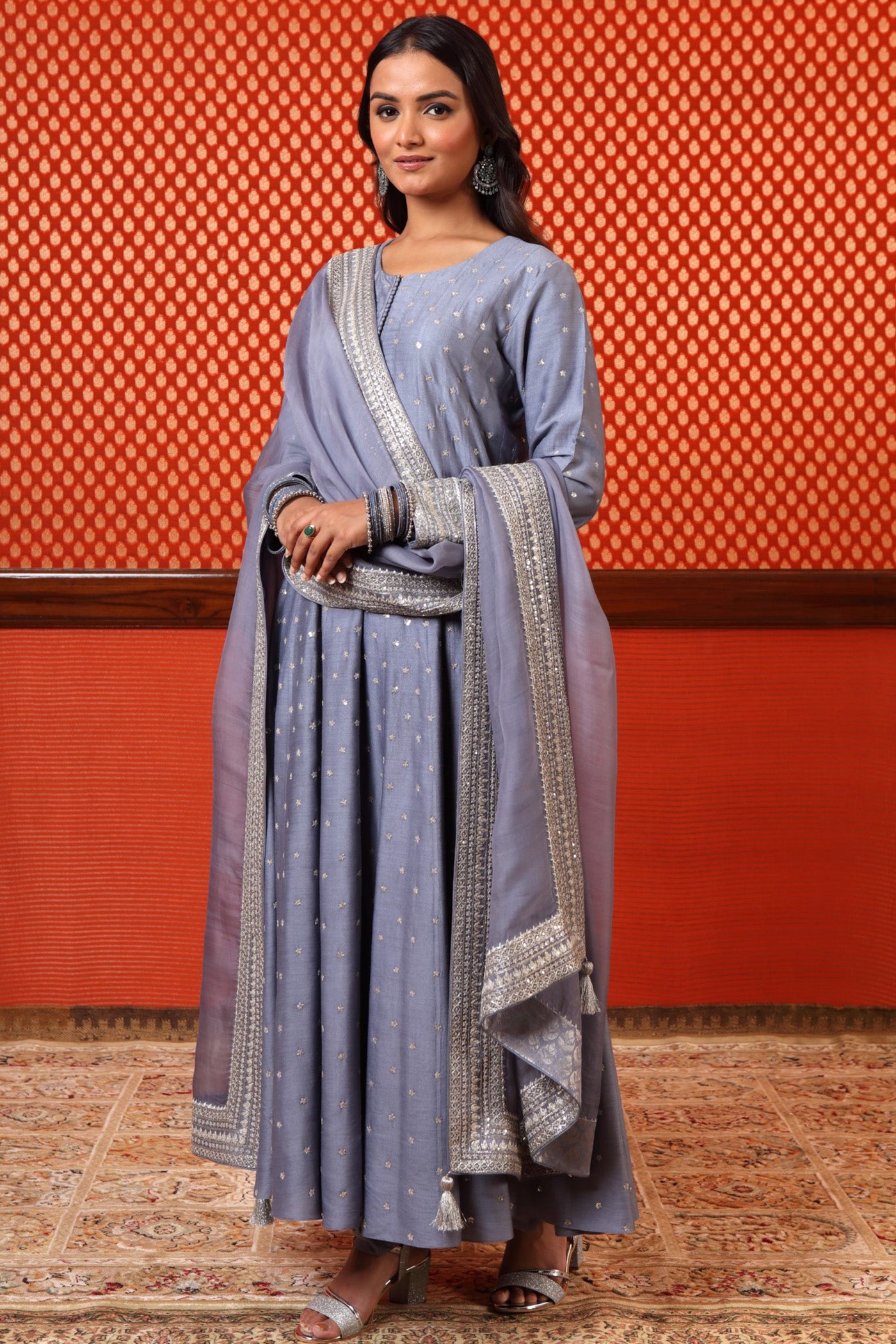 Hand Embroidered Tempest Blue Pure Muga Silk Anarkali Churidaar Set