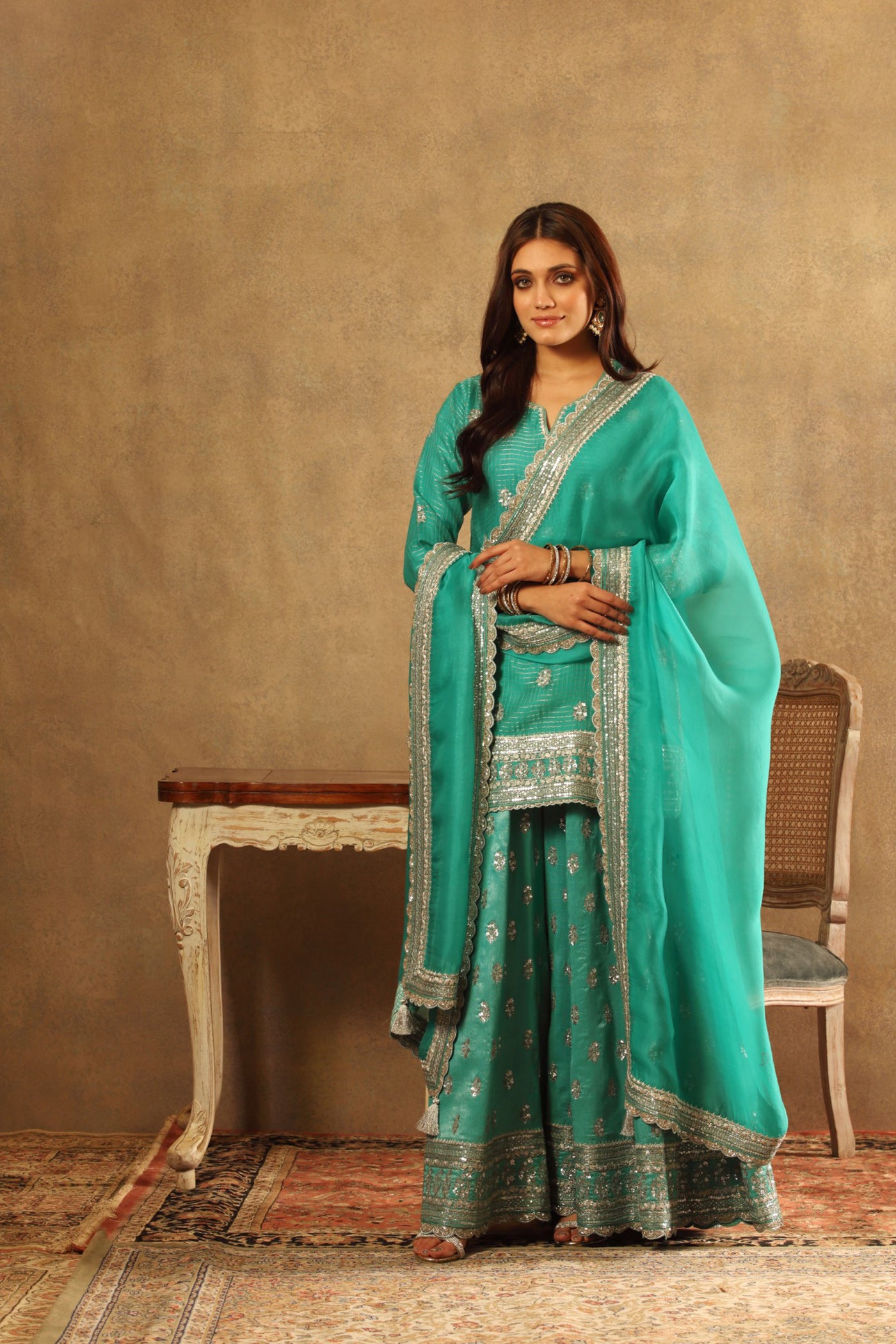 Hand Embroidered Sea Blue Pure Katan Silk Short Kurta Sharara Set 1