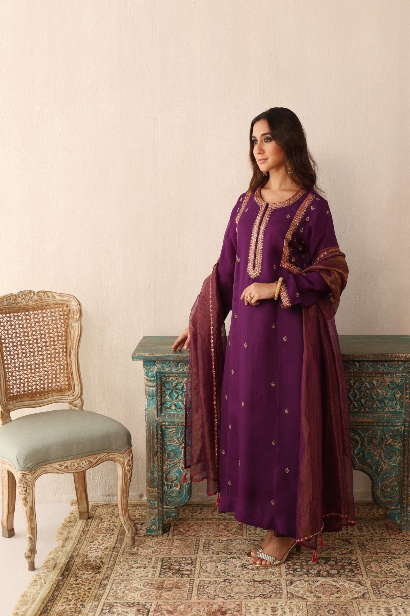 PURPLE HAND-EMBROIDERED PURE SILK-ORGANZA KURTA-PANTS SET