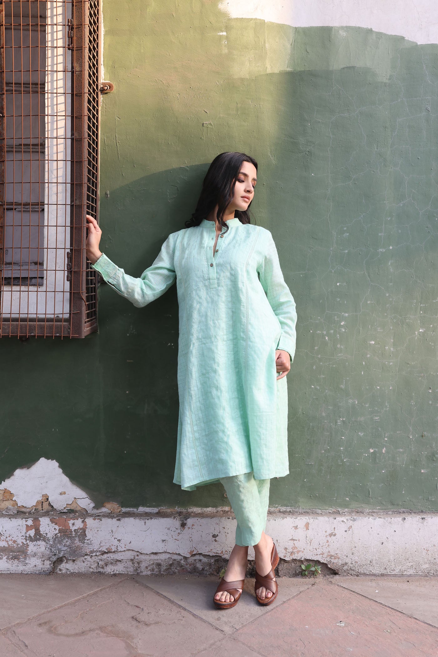 Pastel-Green Pure Linen (With Metallic Checks & Stripes) Band-Collared With Cotton-Laces Kurta-Pants Set