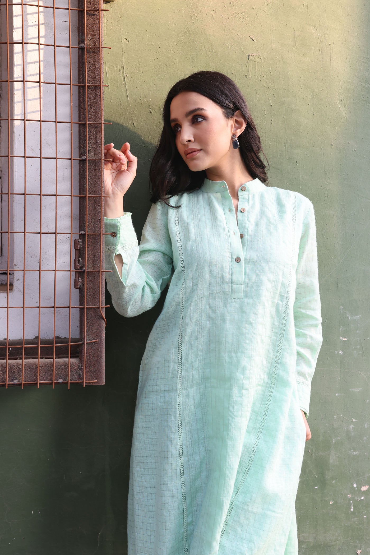 Pastel-Green Pure Linen (With Metallic Checks & Stripes) Band-Collared With Cotton-Laces Kurta-Pants Set