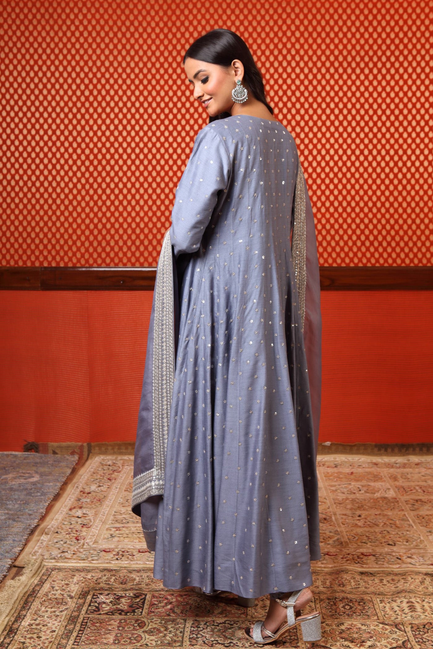 Hand Embroidered Tempest Blue Pure Muga Silk Anarkali Churidaar Set