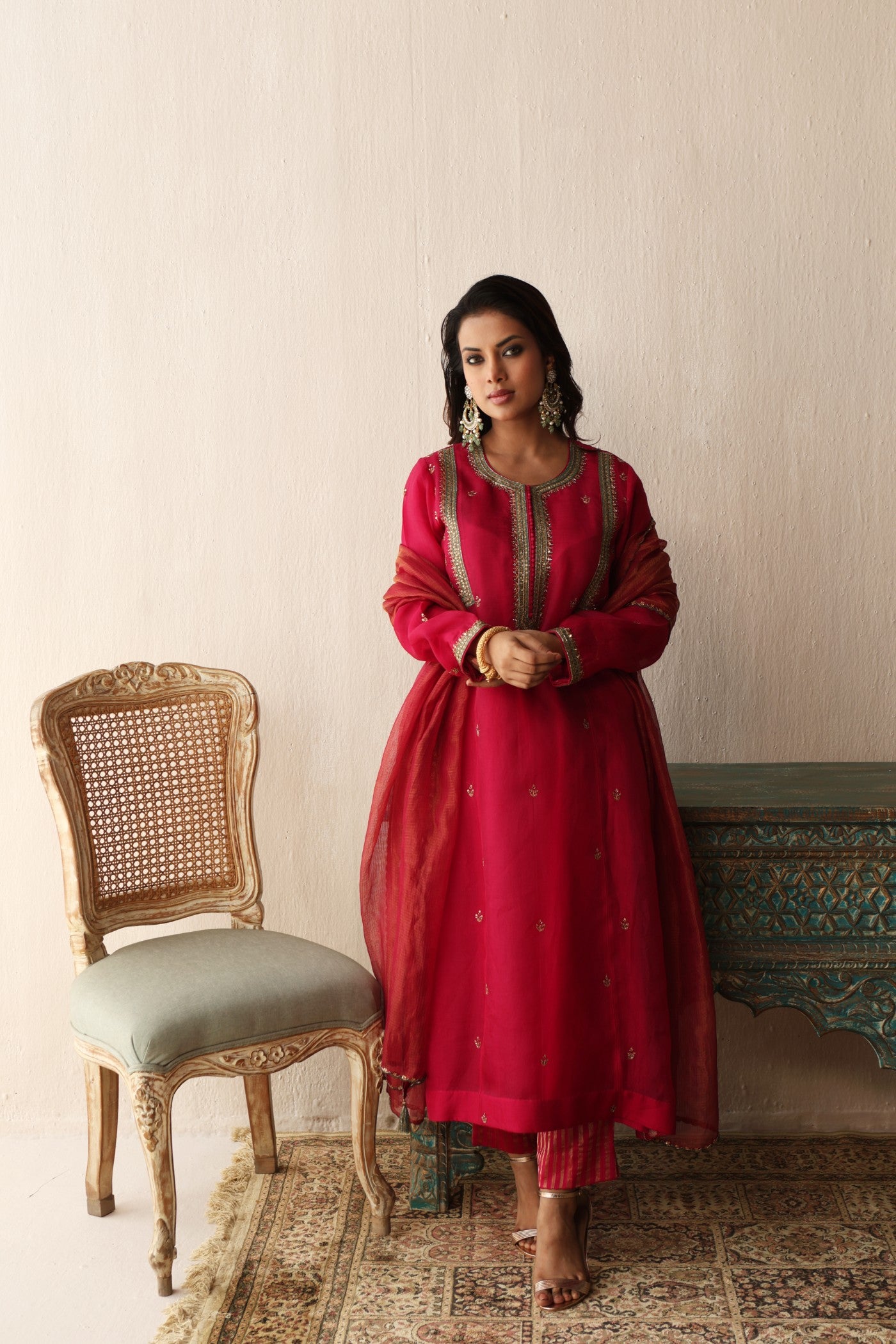 RANI-PINK HAND-EMBROIDERED PURE SILK-ORGANZA KURTA-PANTS SET