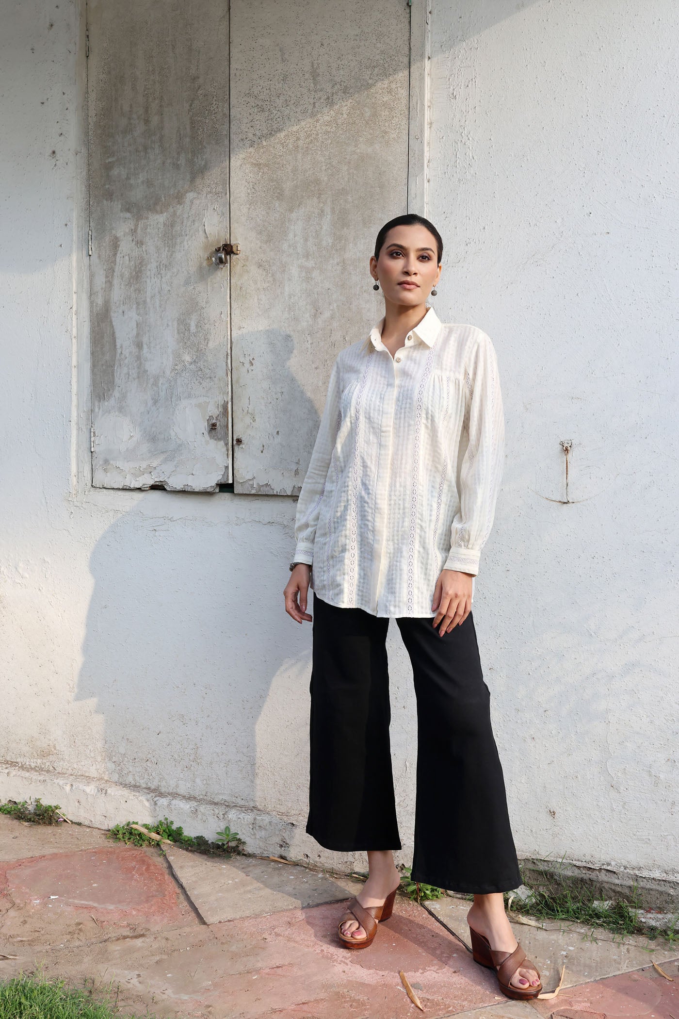 Ivory Handloom Pure Silk-Cotton (With Self-Checks) Collared Short-Blouse With Cotton Laces & Coconut Buttons