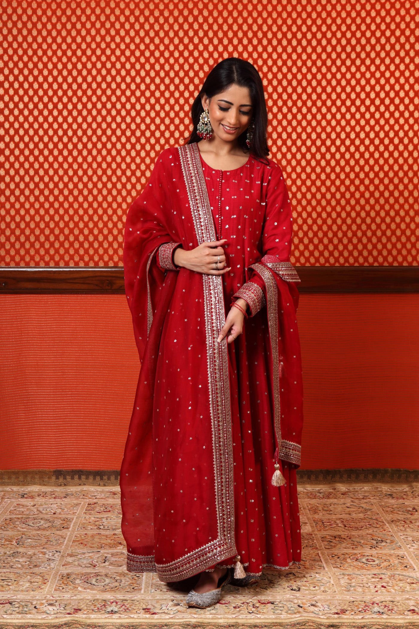 Hand Embroidered Maroon Pure Muga Silk Anarkali Churidaar Set