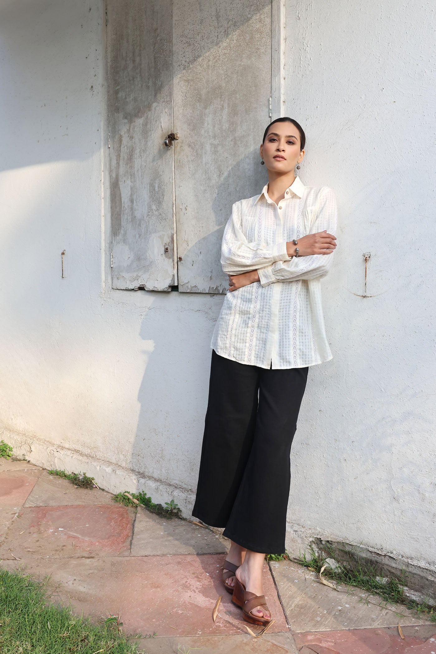 Ivory Handloom Pure Silk-Cotton (With Self-Checks) Collared Short-Blouse With Cotton Laces & Coconut Buttons