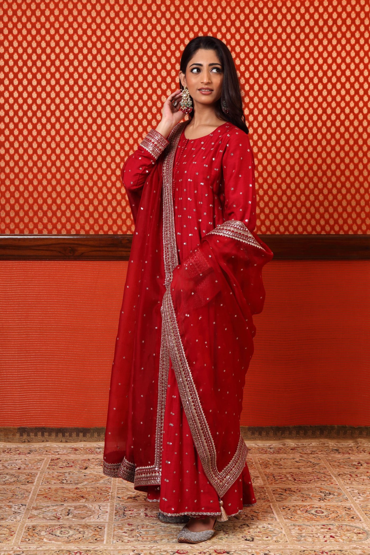 Hand Embroidered Maroon Pure Muga Silk Anarkali Churidaar Set