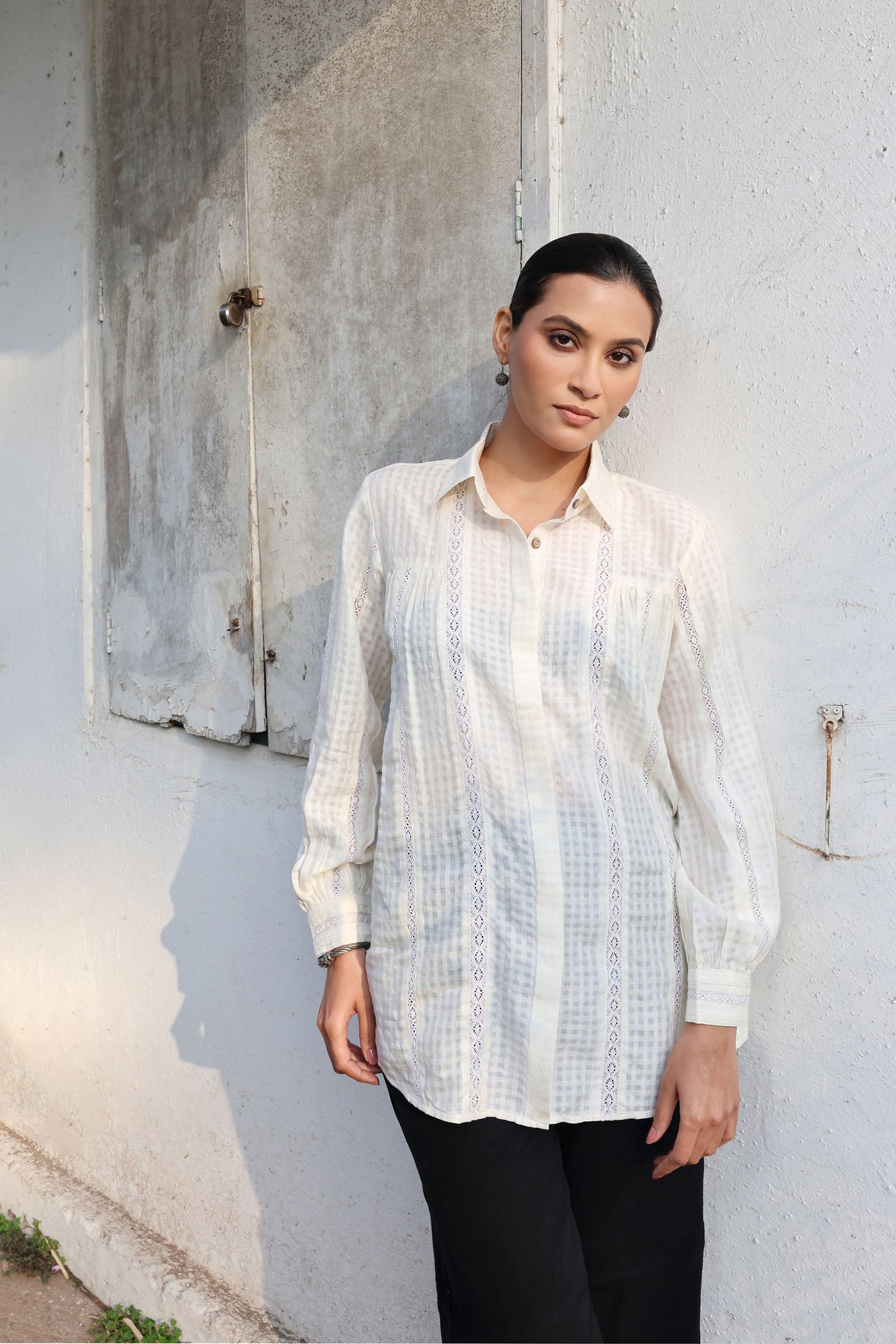 Ivory Handloom Pure Silk-Cotton (With Self-Checks) Collared Short-Blouse With Cotton Laces & Coconut Buttons
