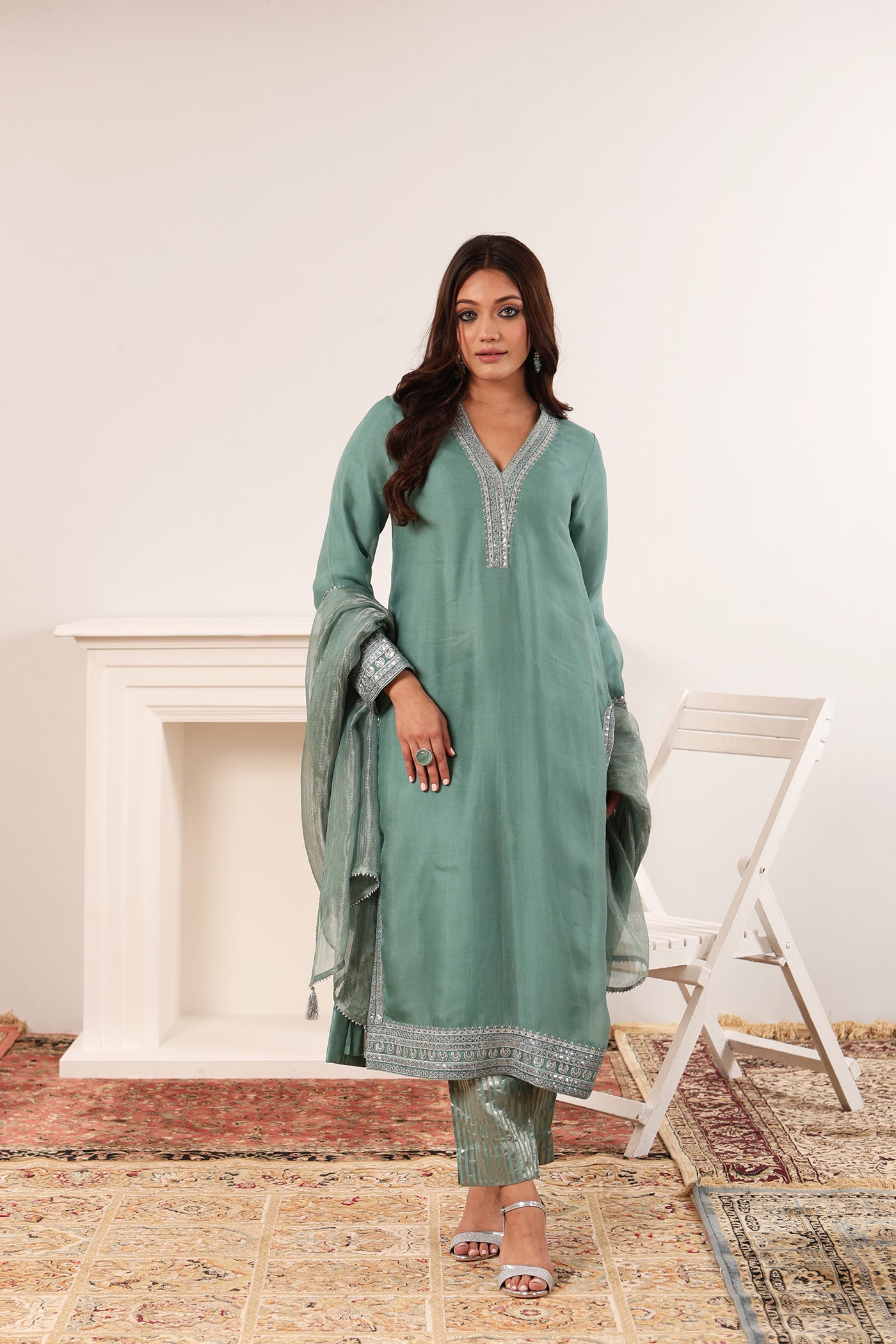 Fern-Green Embroidered Pure Silk-Organza Kurta-Pants Set