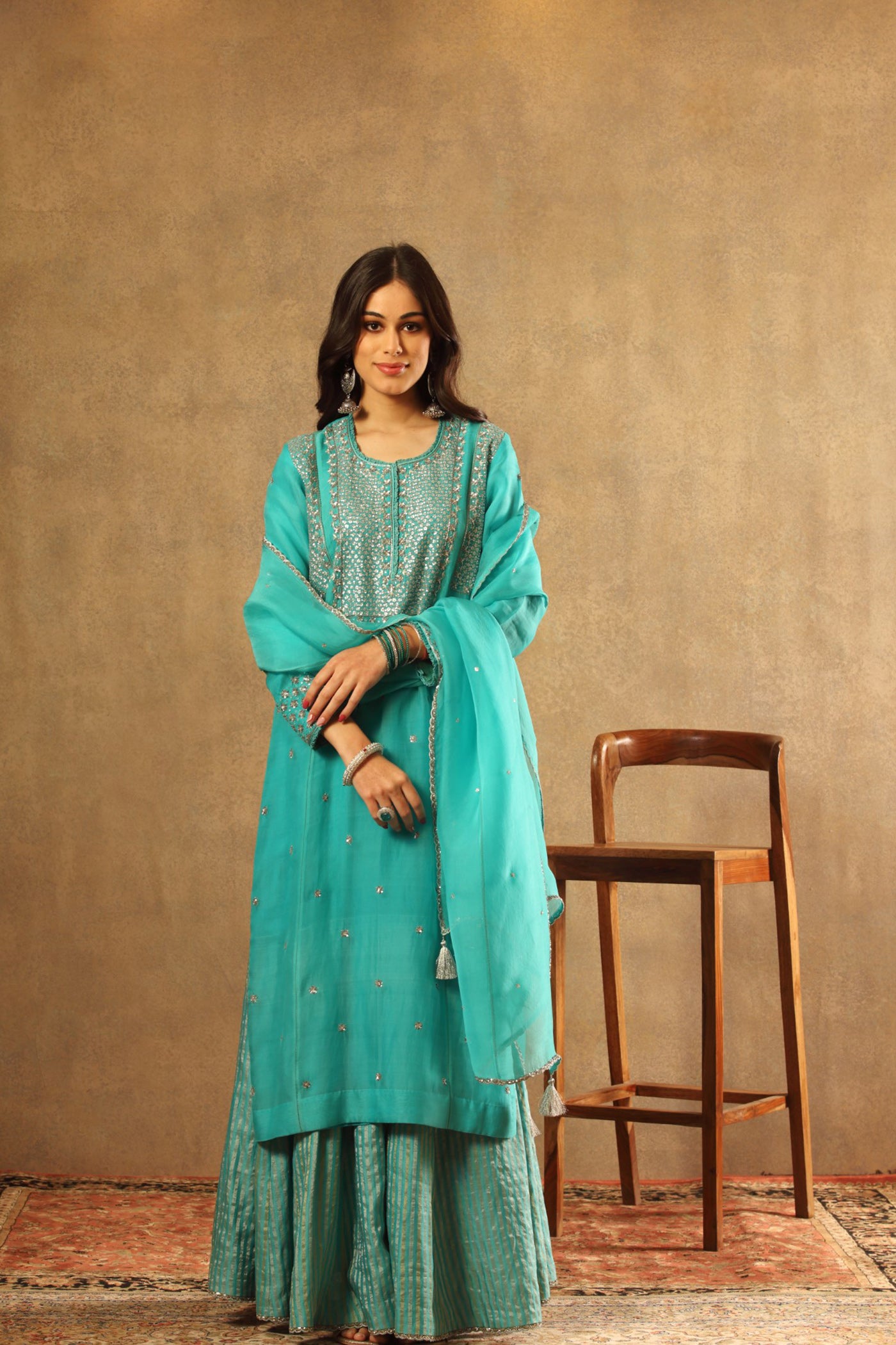 Hand Embroidered Sea Blue Pure Katan Silk Long Kurta Sharara Set