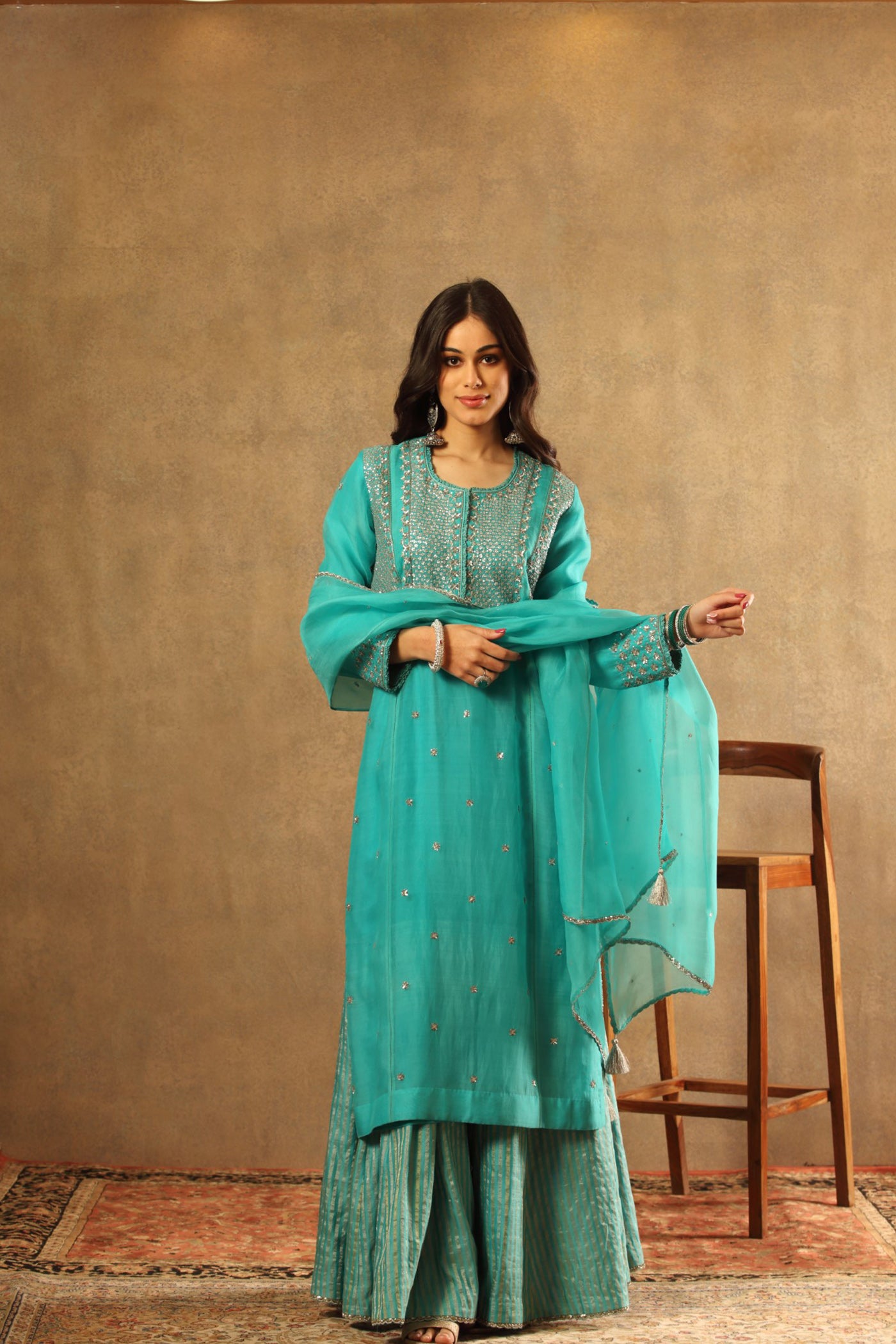 Hand Embroidered Sea Blue Pure Katan Silk Long Kurta Sharara Set