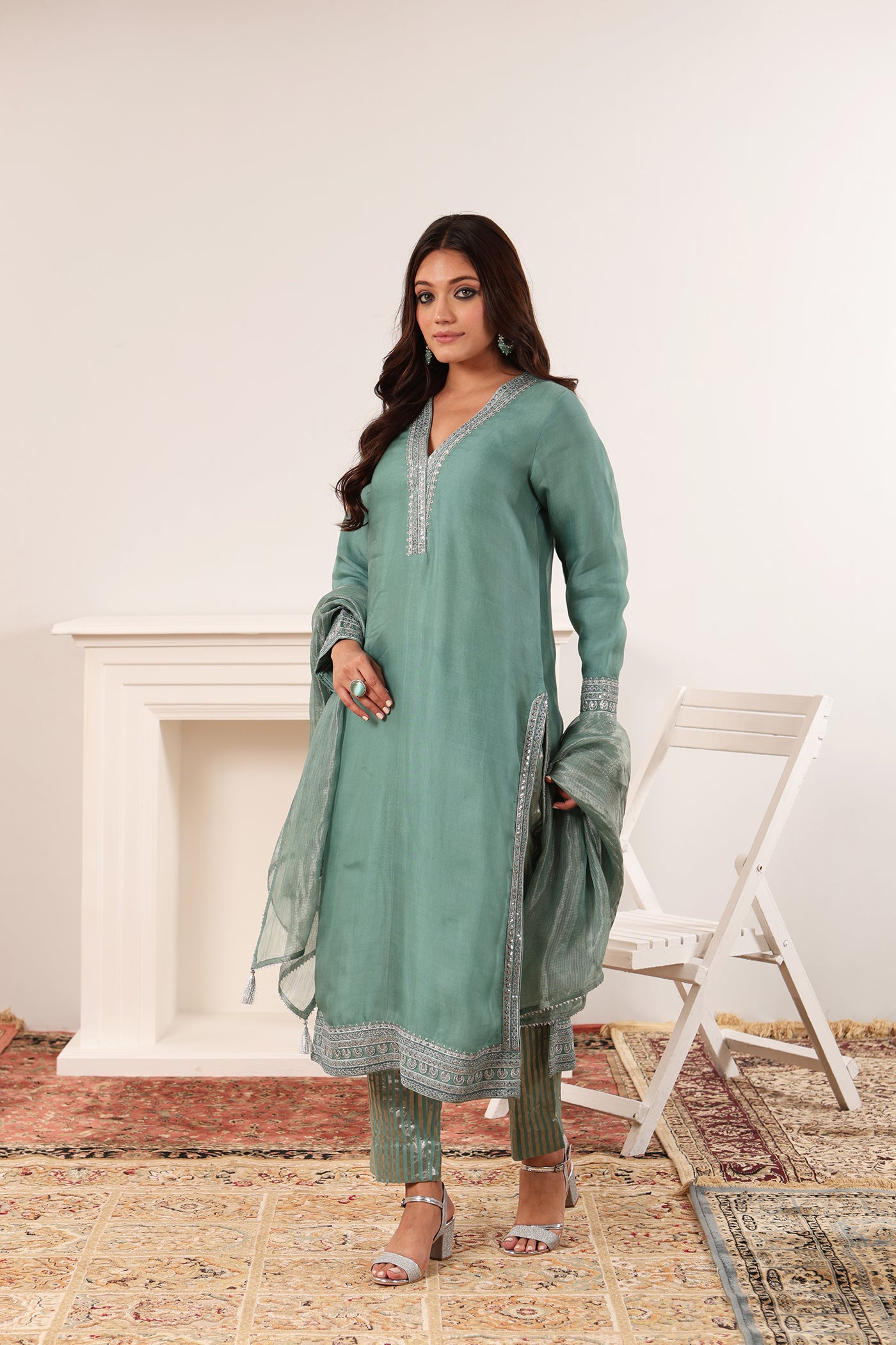 Fern-Green Embroidered Pure Silk-Organza Kurta-Pants Set