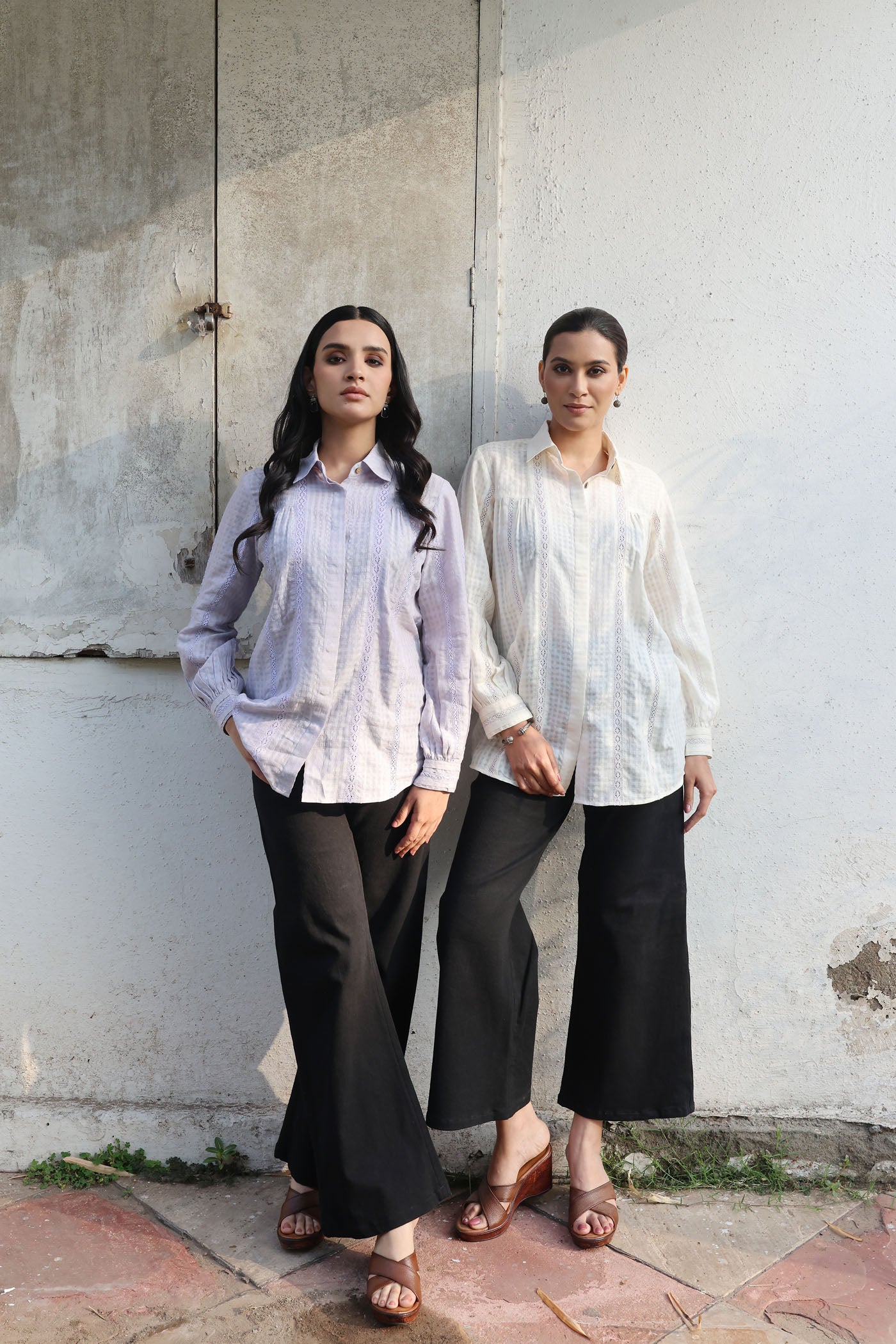 Ivory Handloom Pure Silk-Cotton (With Self-Checks) Collared Short-Blouse With Cotton Laces & Coconut Buttons