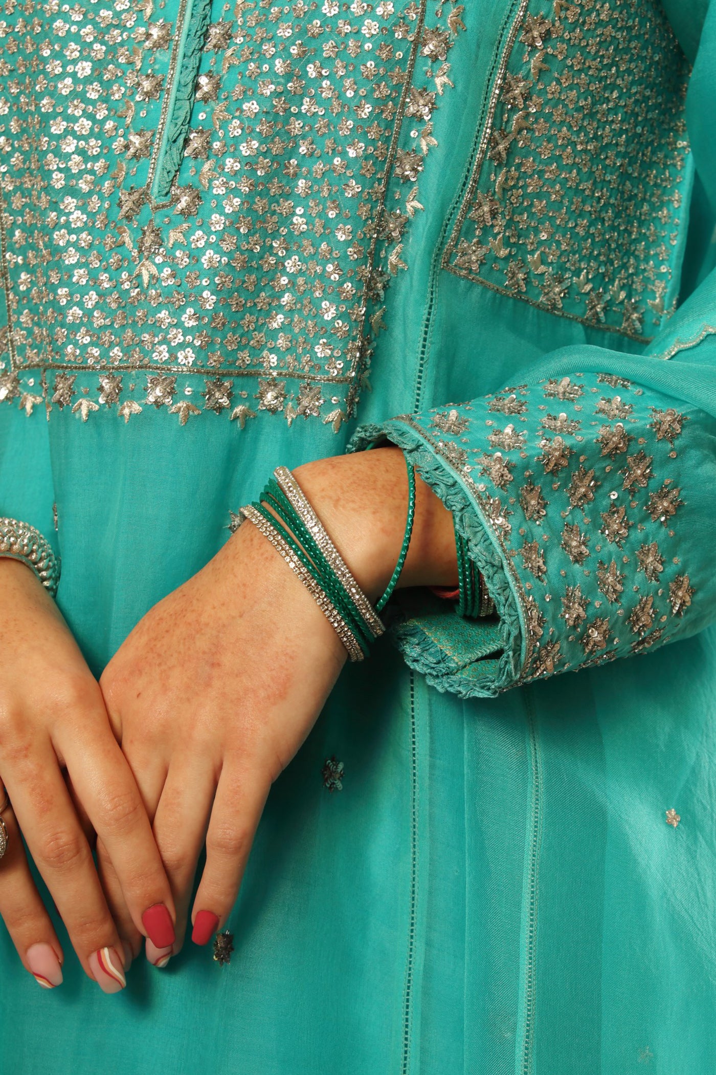 Hand Embroidered Sea Blue Pure Katan Silk Long Kurta Sharara Set