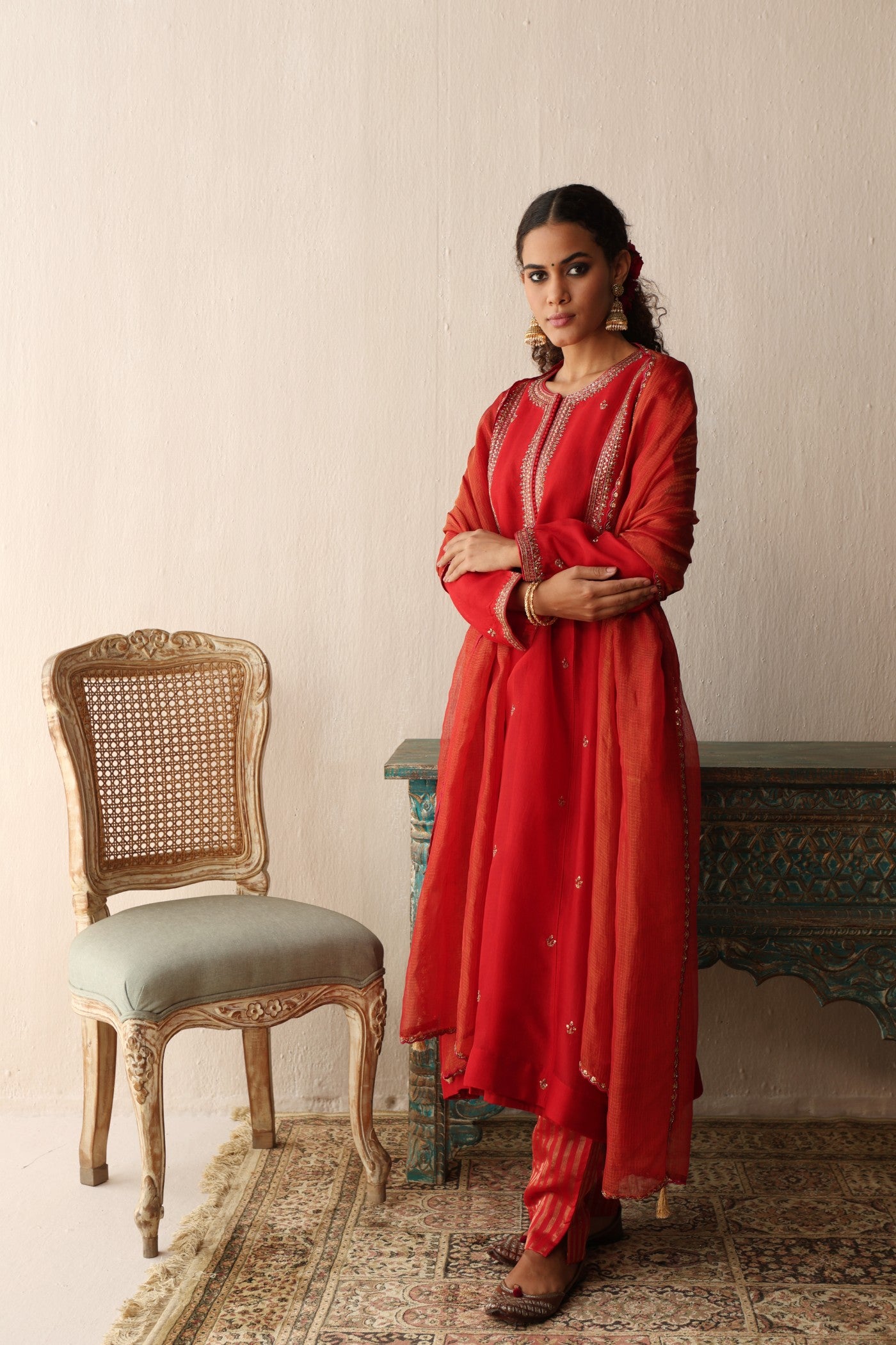 BRIDAL-RED HAND-EMBROIDERED PURE SILK-ORGANZA KURTA-PANTS SET