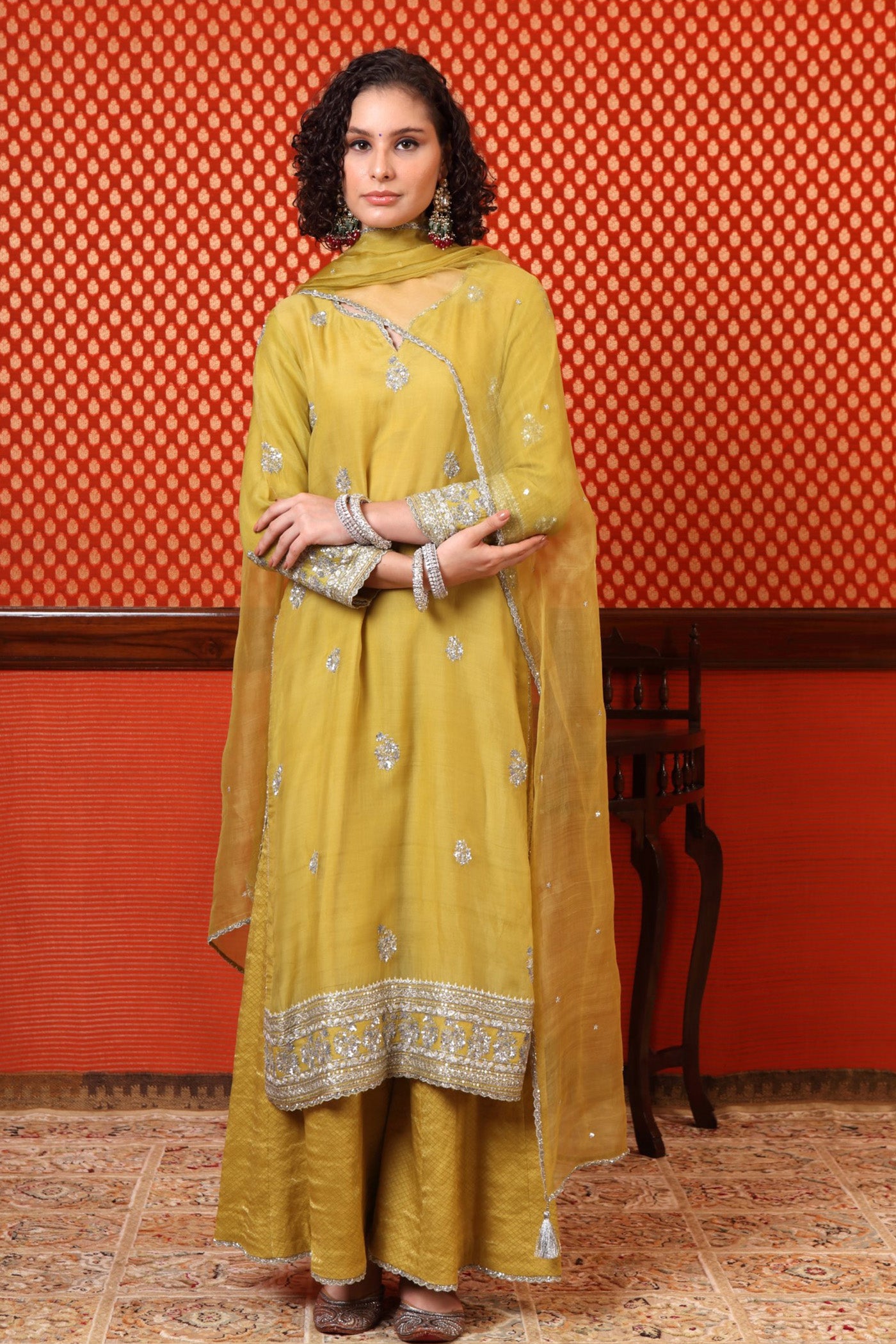 Hand Embroidered Lime Green Pure Katan Silk Kurta Palazzo Set