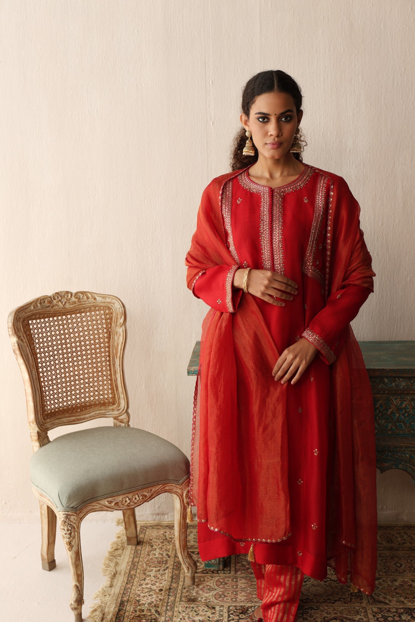 BRIDAL-RED HAND-EMBROIDERED PURE SILK-ORGANZA KURTA-PANTS SET