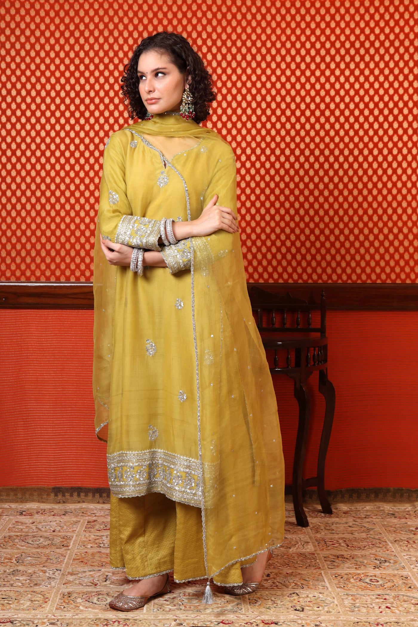 Hand Embroidered Lime Green Pure Katan Silk Kurta Palazzo Set