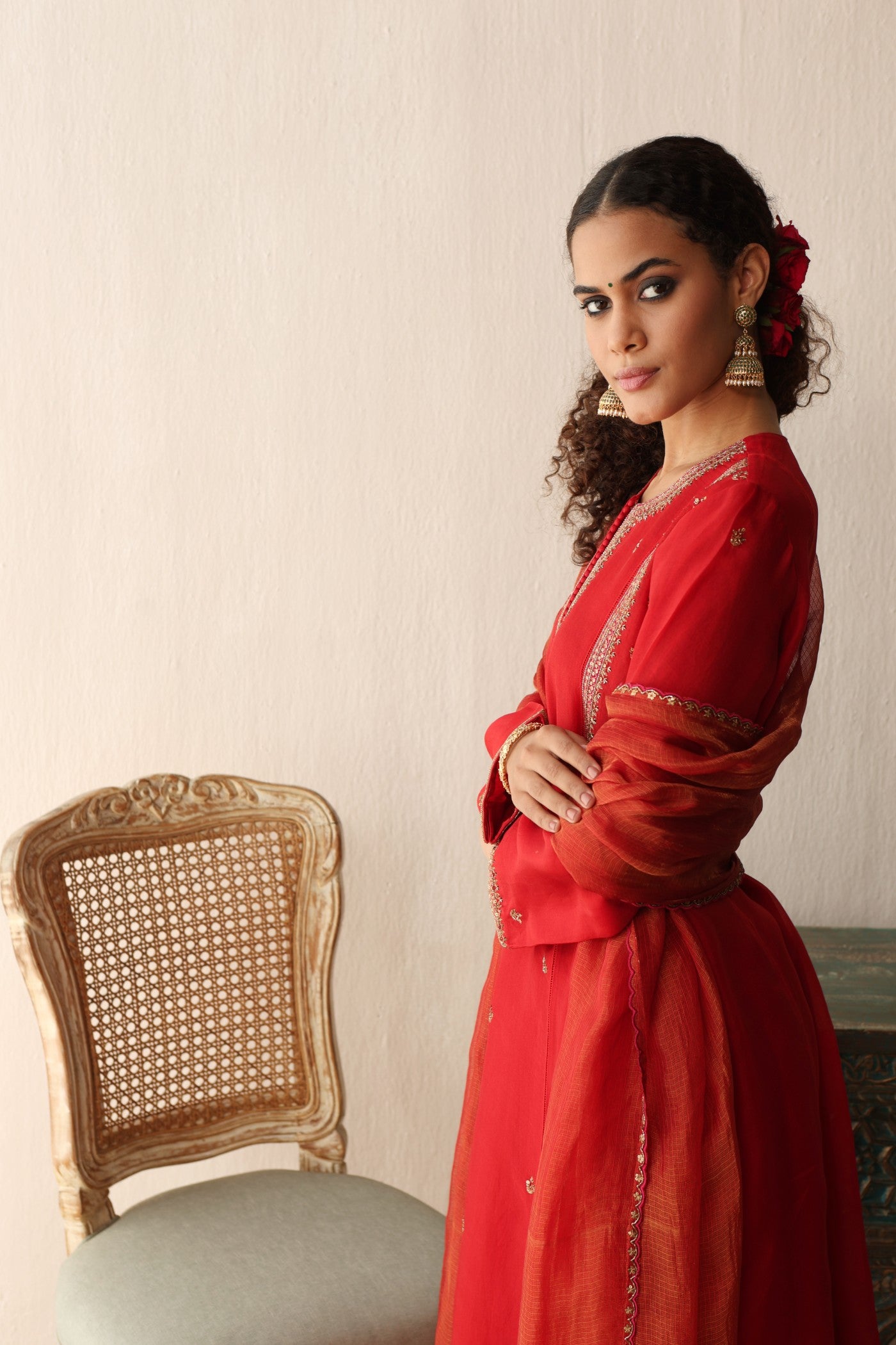 BRIDAL-RED HAND-EMBROIDERED PURE SILK-ORGANZA KURTA-PANTS SET