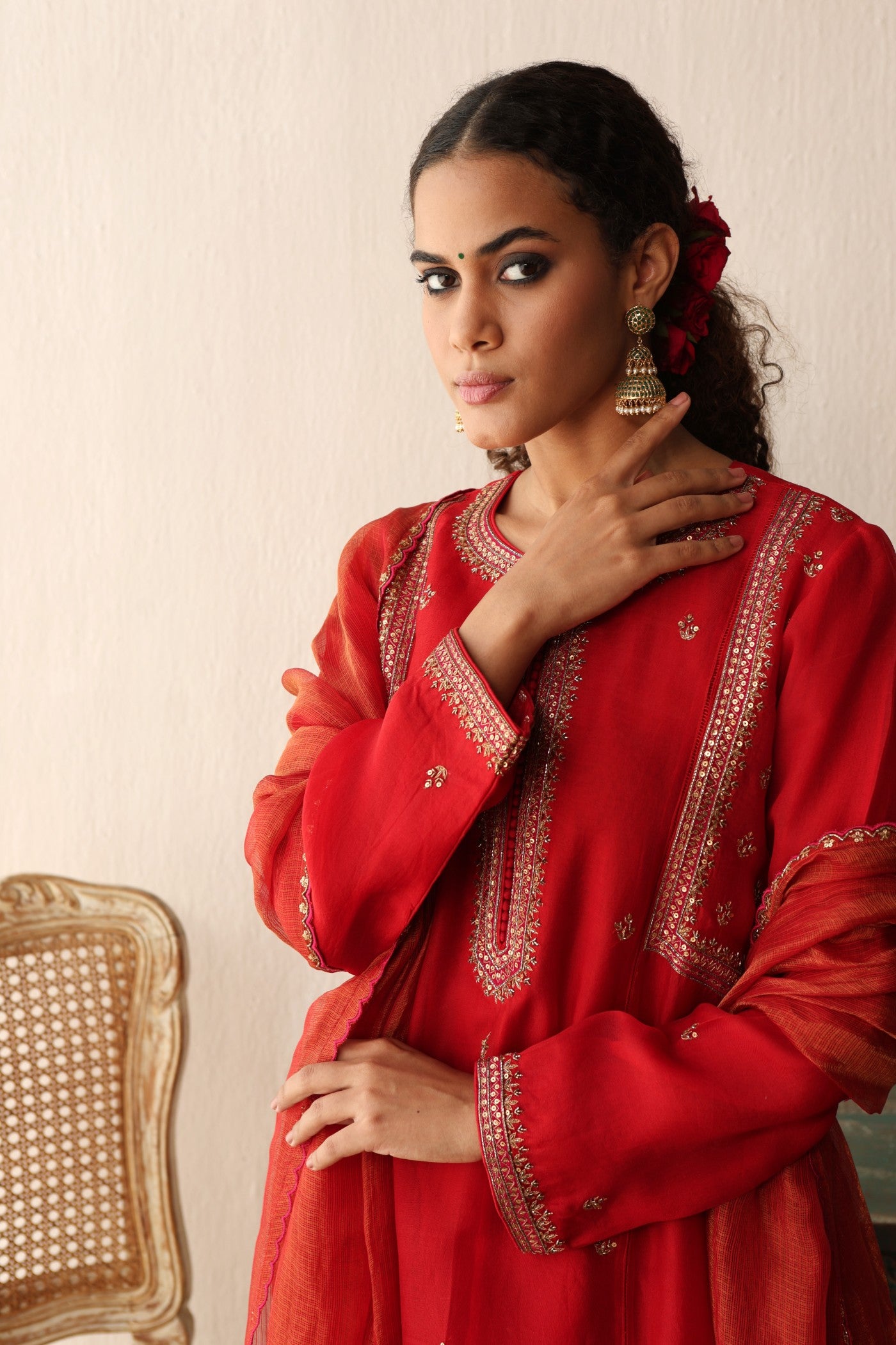 BRIDAL-RED HAND-EMBROIDERED PURE SILK-ORGANZA KURTA-PANTS SET