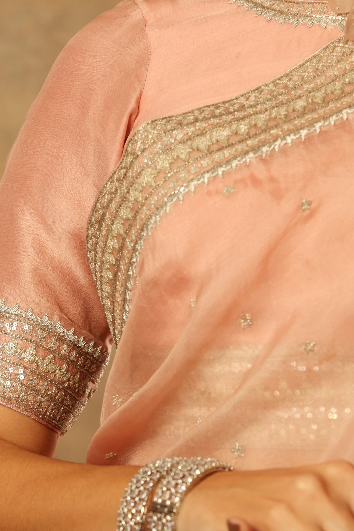 Hand Embroidered Dusty Pink Pure Silk Organza Saree Blouse Set
