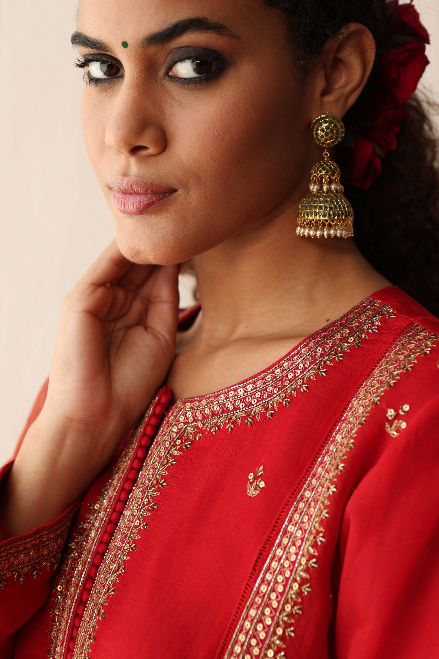 BRIDAL-RED HAND-EMBROIDERED PURE SILK-ORGANZA KURTA-PANTS SET