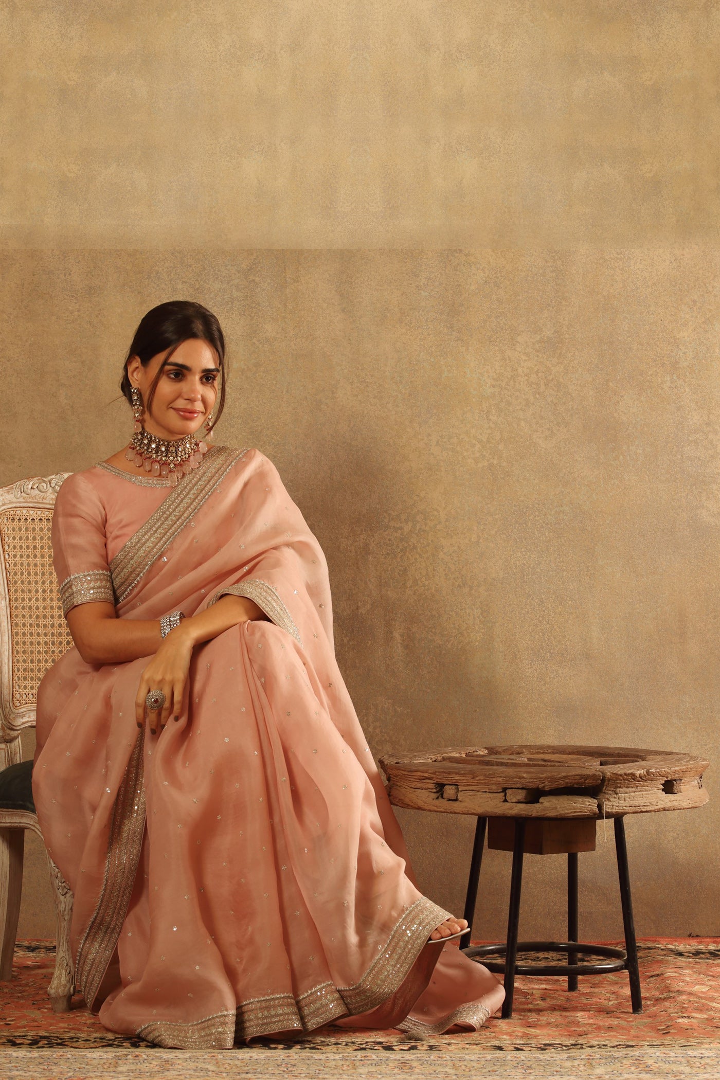 Hand Embroidered Dusty Pink Pure Silk Organza Saree Blouse Set