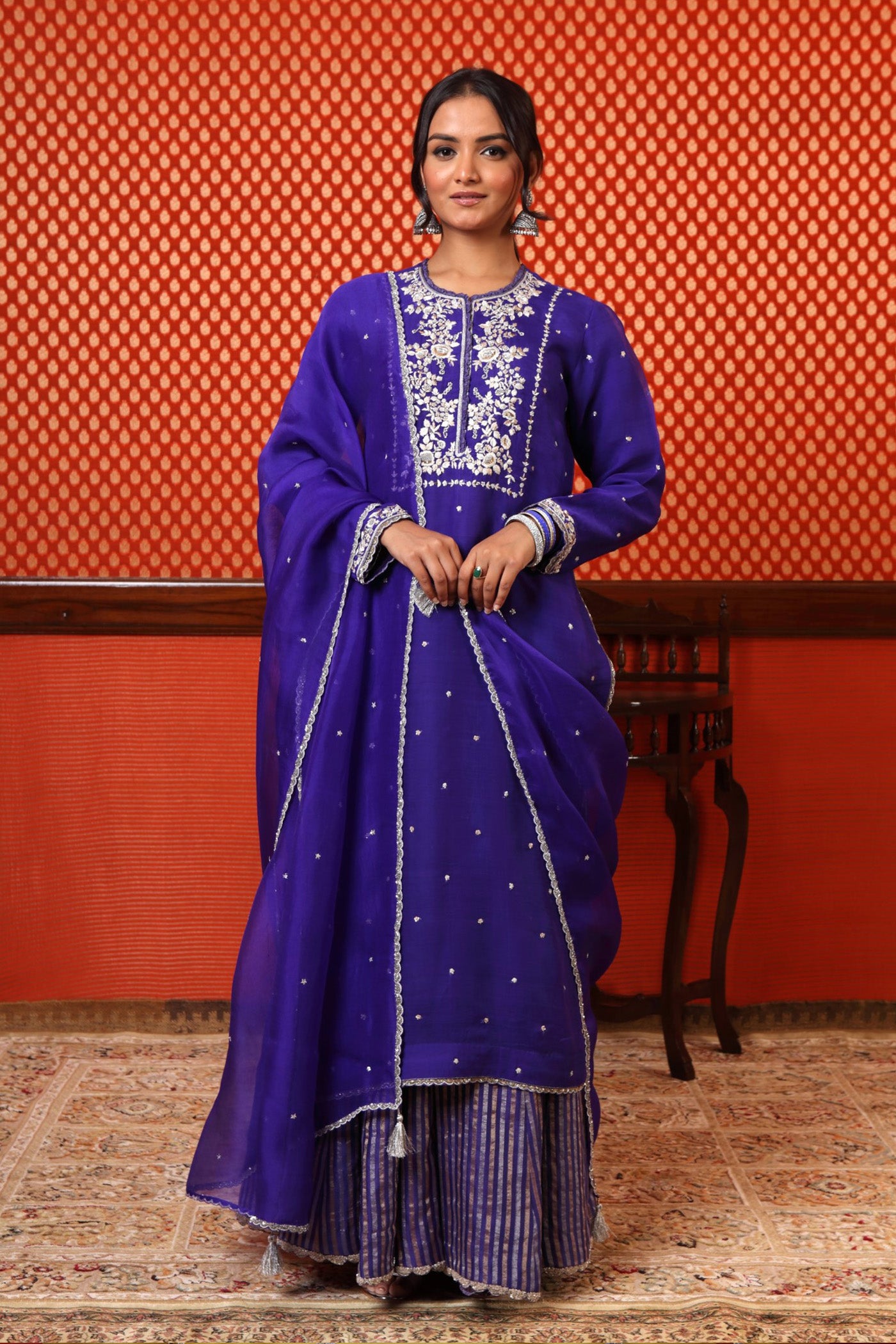 Hand Embroidered Aubergine Pure Katan Silk Kurta Sharara Set