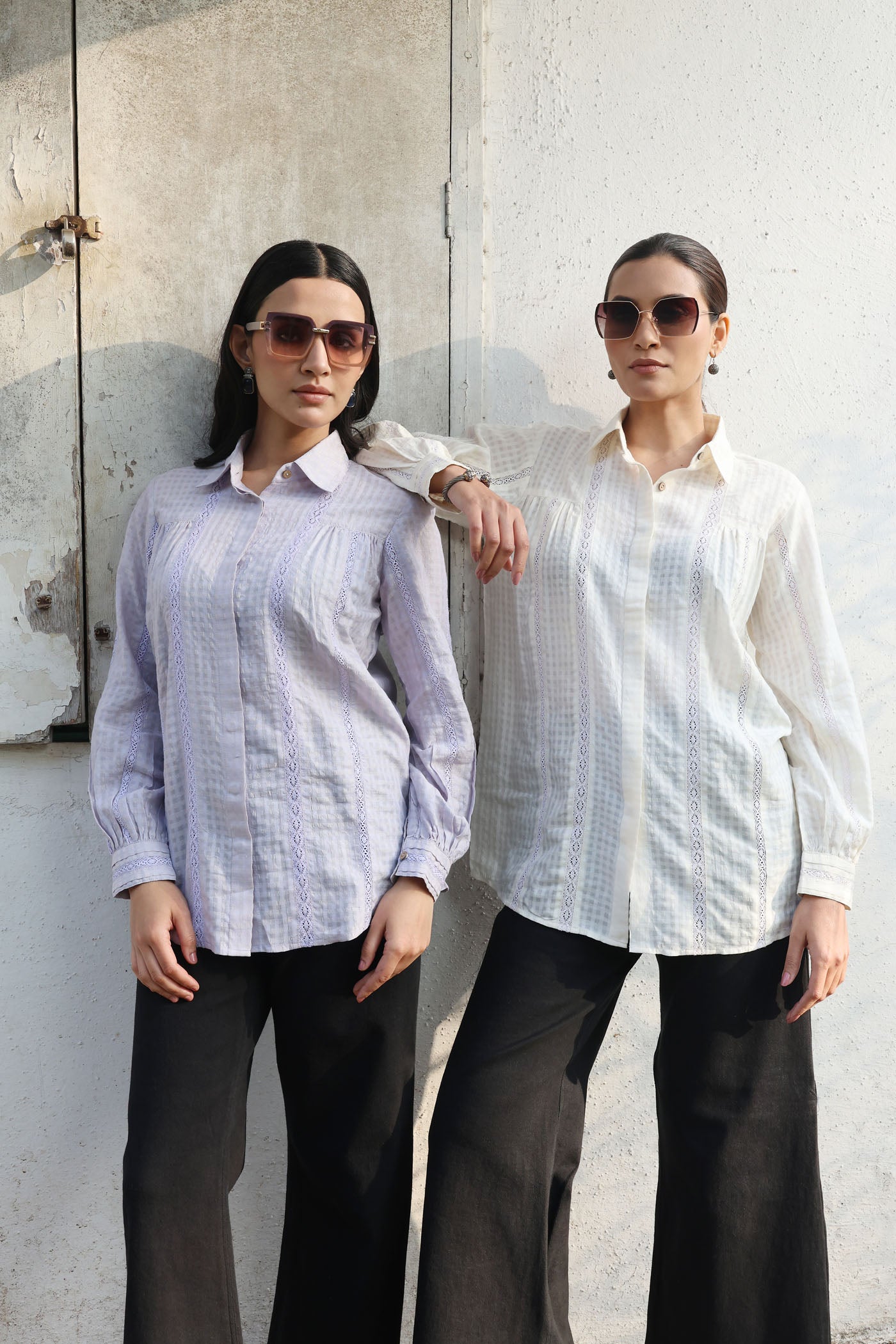 Dusty-Blue Handloom Pure Silk-Cotton (With Self-Checks) Collared Short-Blouse With Cotton Laces & Coconut Buttons