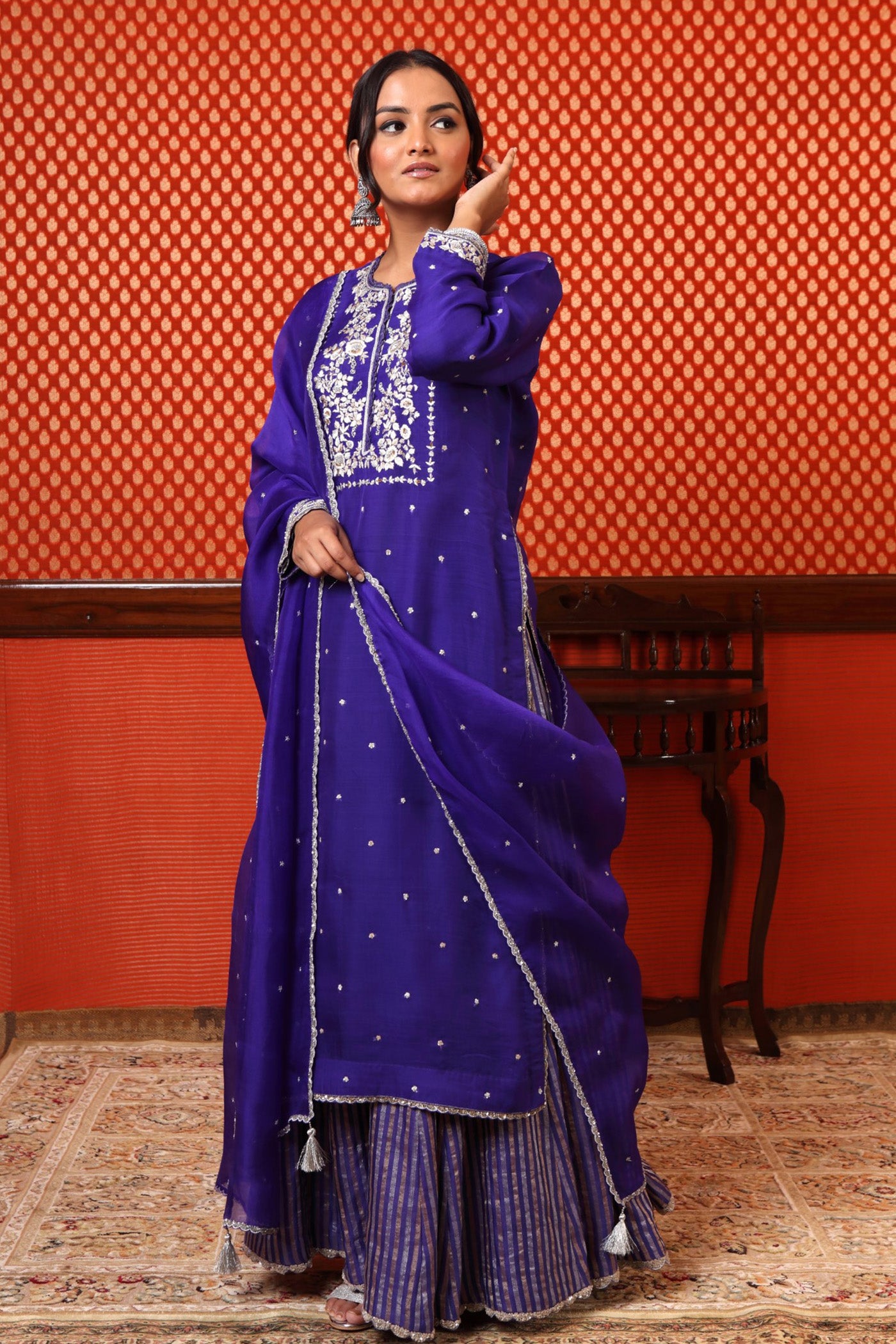 Hand Embroidered Aubergine Pure Katan Silk Kurta Sharara Set