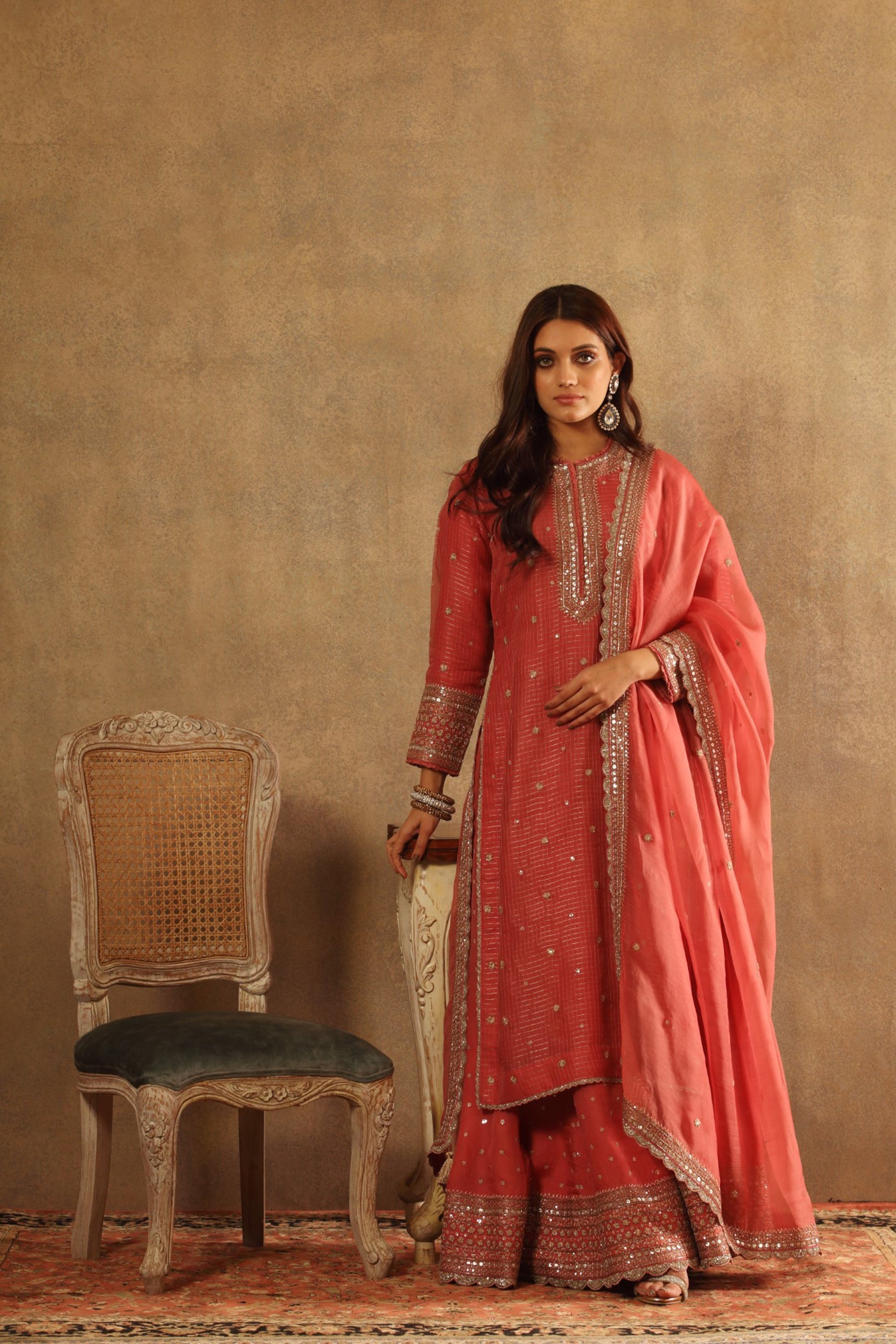Hand Embroidered Honeysuckle Pink Pure Katan Silk Long Kurta Sharara Set