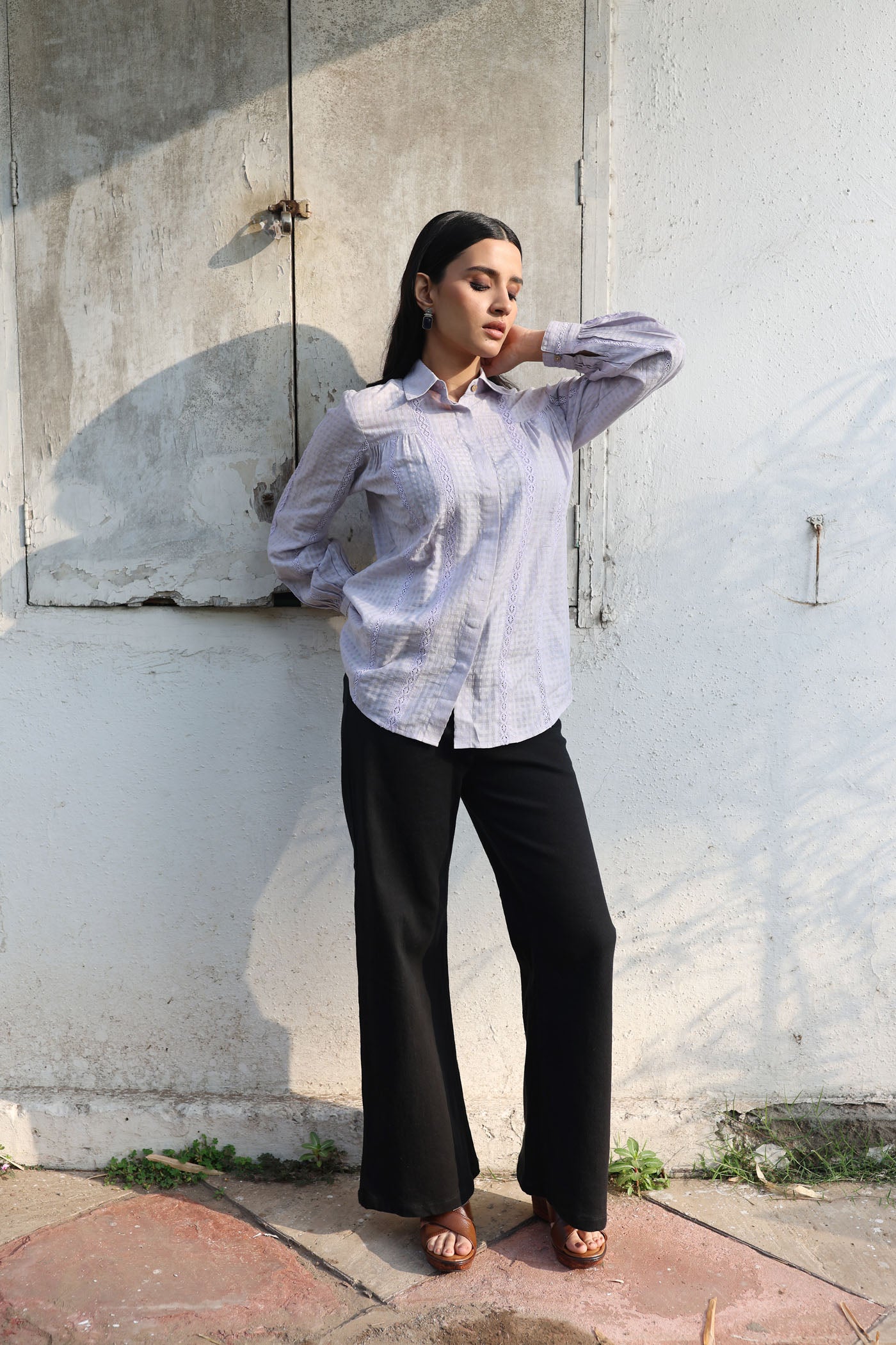 Dusty-Blue Handloom Pure Silk-Cotton (With Self-Checks) Collared Short-Blouse With Cotton Laces & Coconut Buttons