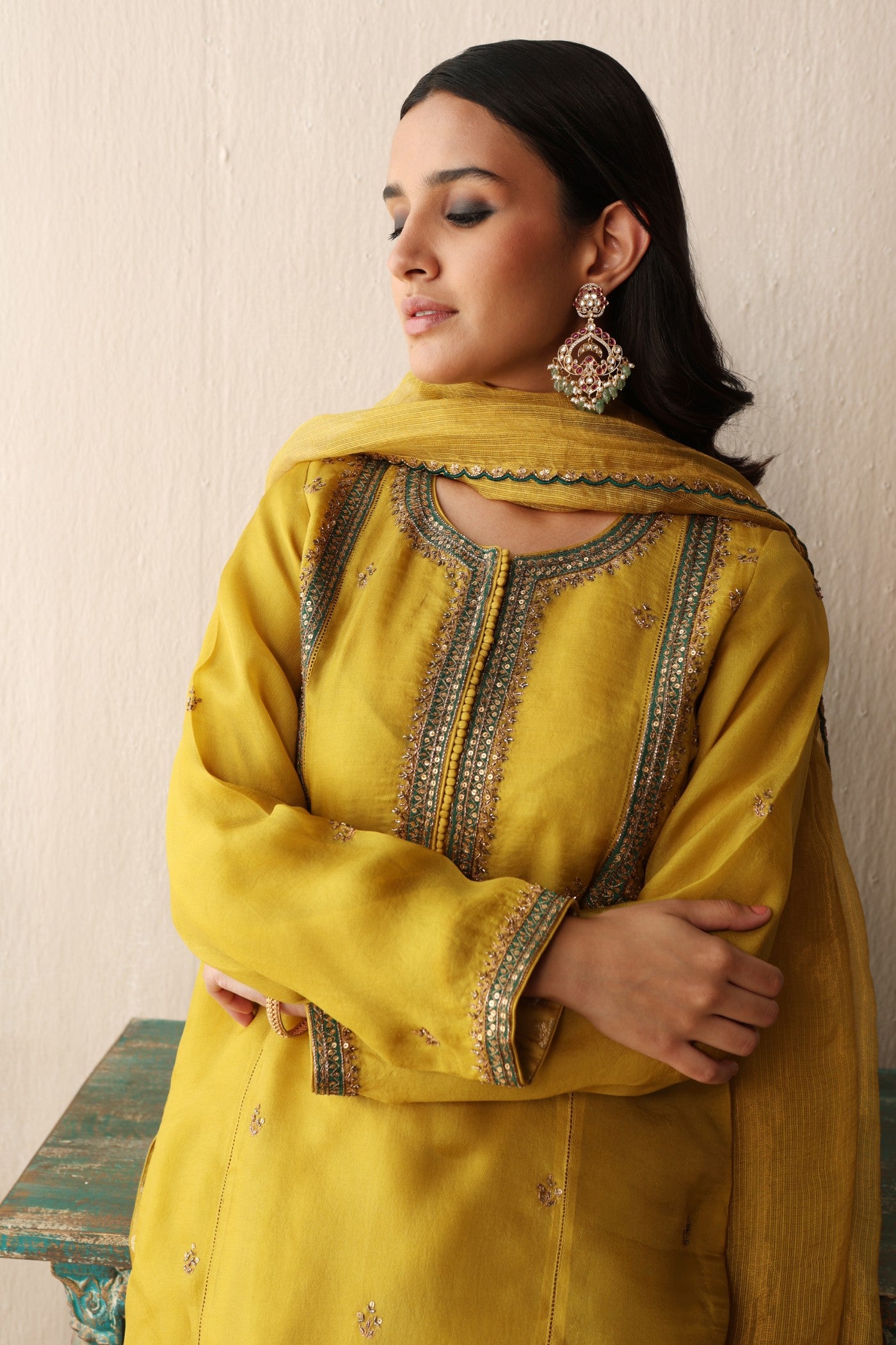 LIME-GREEN HAND-EMBROIDERED PURE SILK-ORGANZA KURTA-PANTS SET