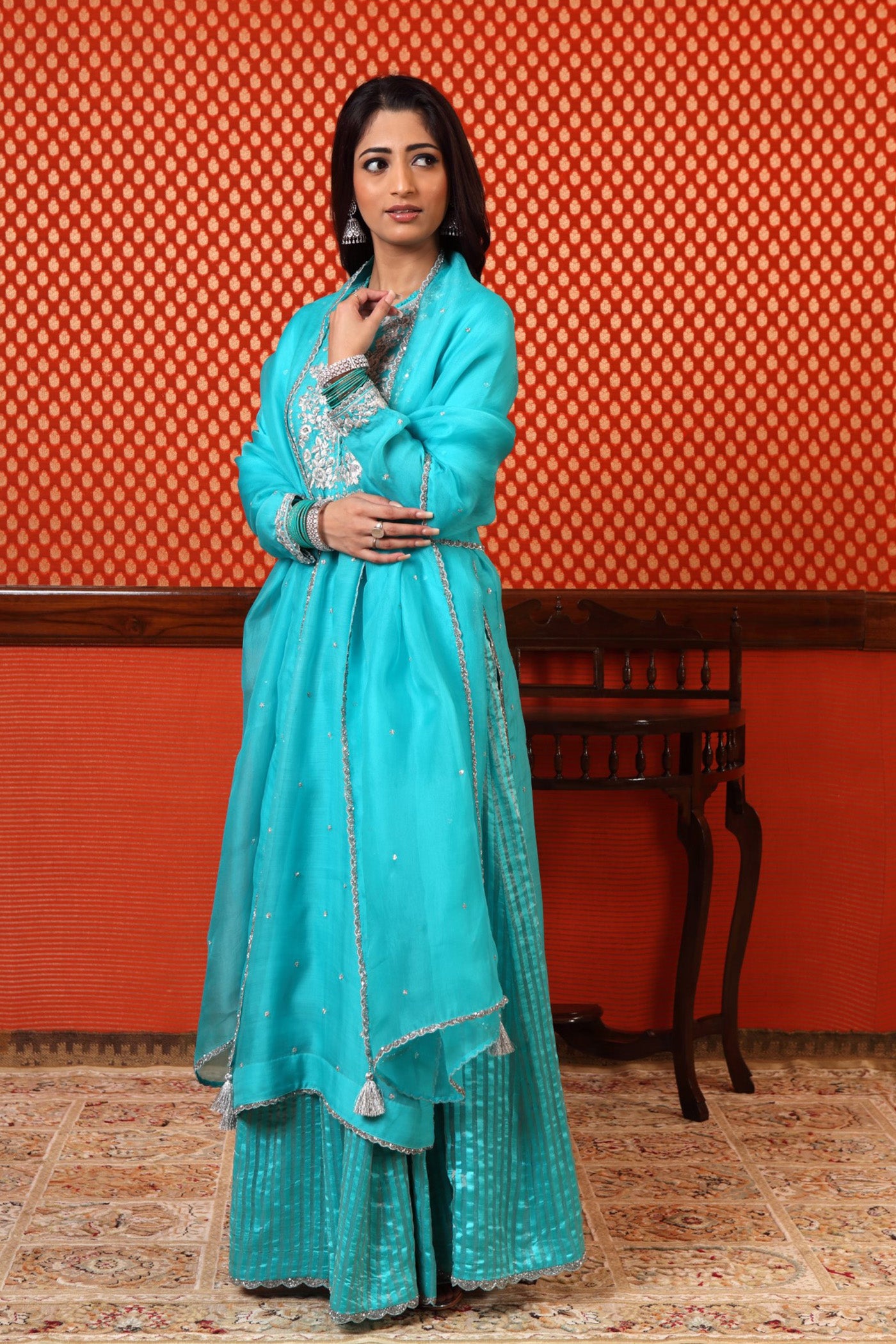 Hand Embroidered Sea Blue Pure Katan Silk Kurta Sharara Set