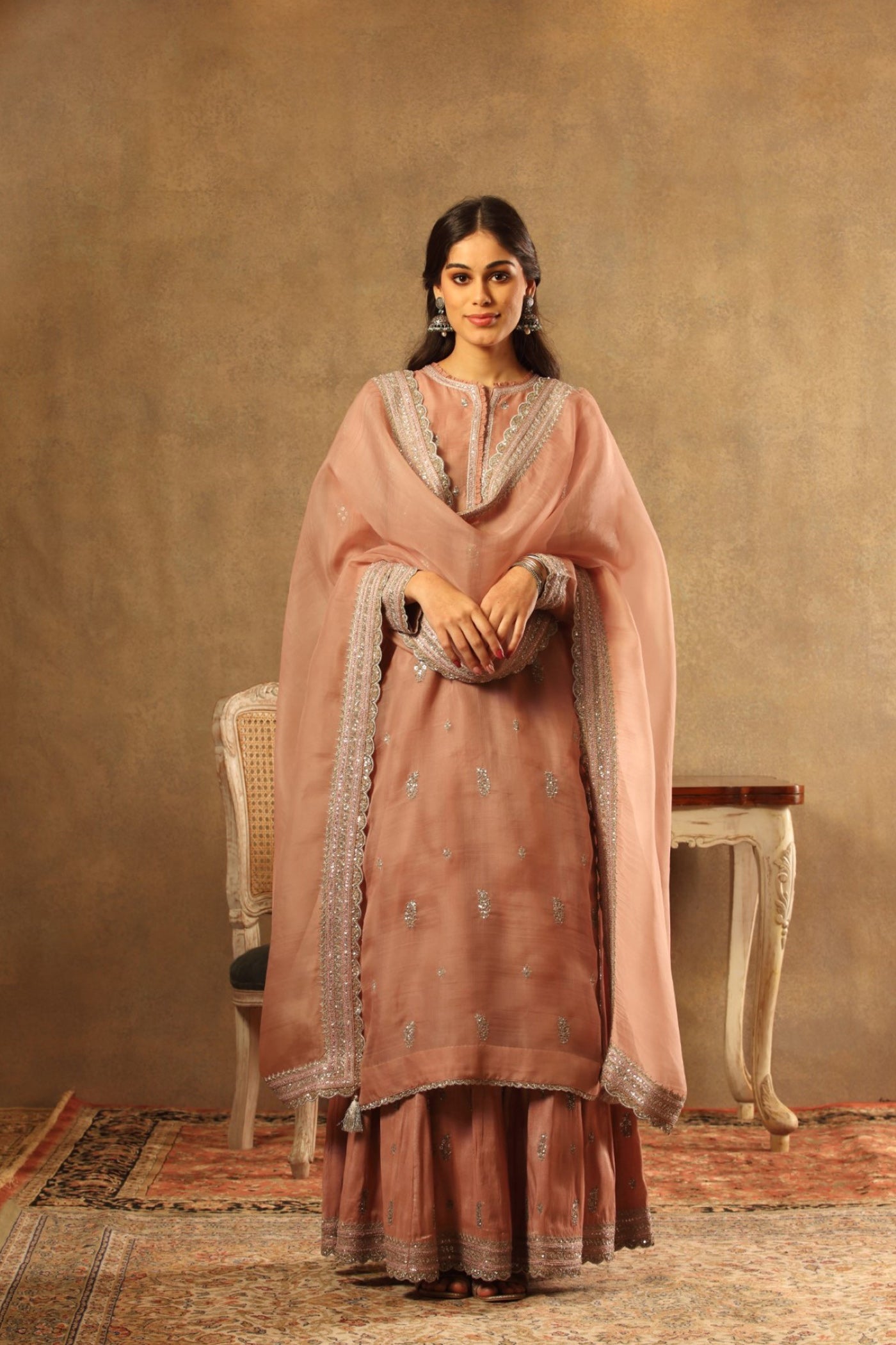 Hand Embroidered Rose Brown Pure Katan Silk Long Kurta Sharara Set