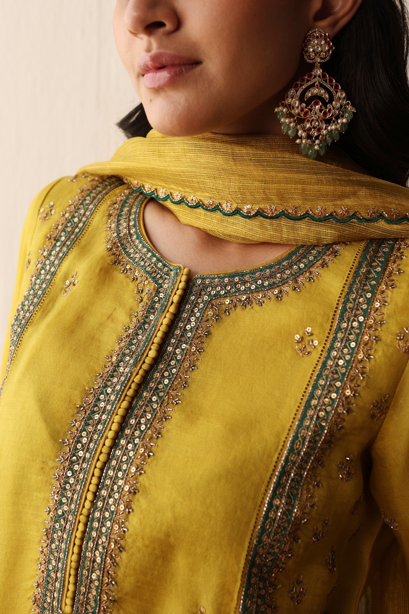 LIME-GREEN HAND-EMBROIDERED PURE SILK-ORGANZA KURTA-PANTS SET