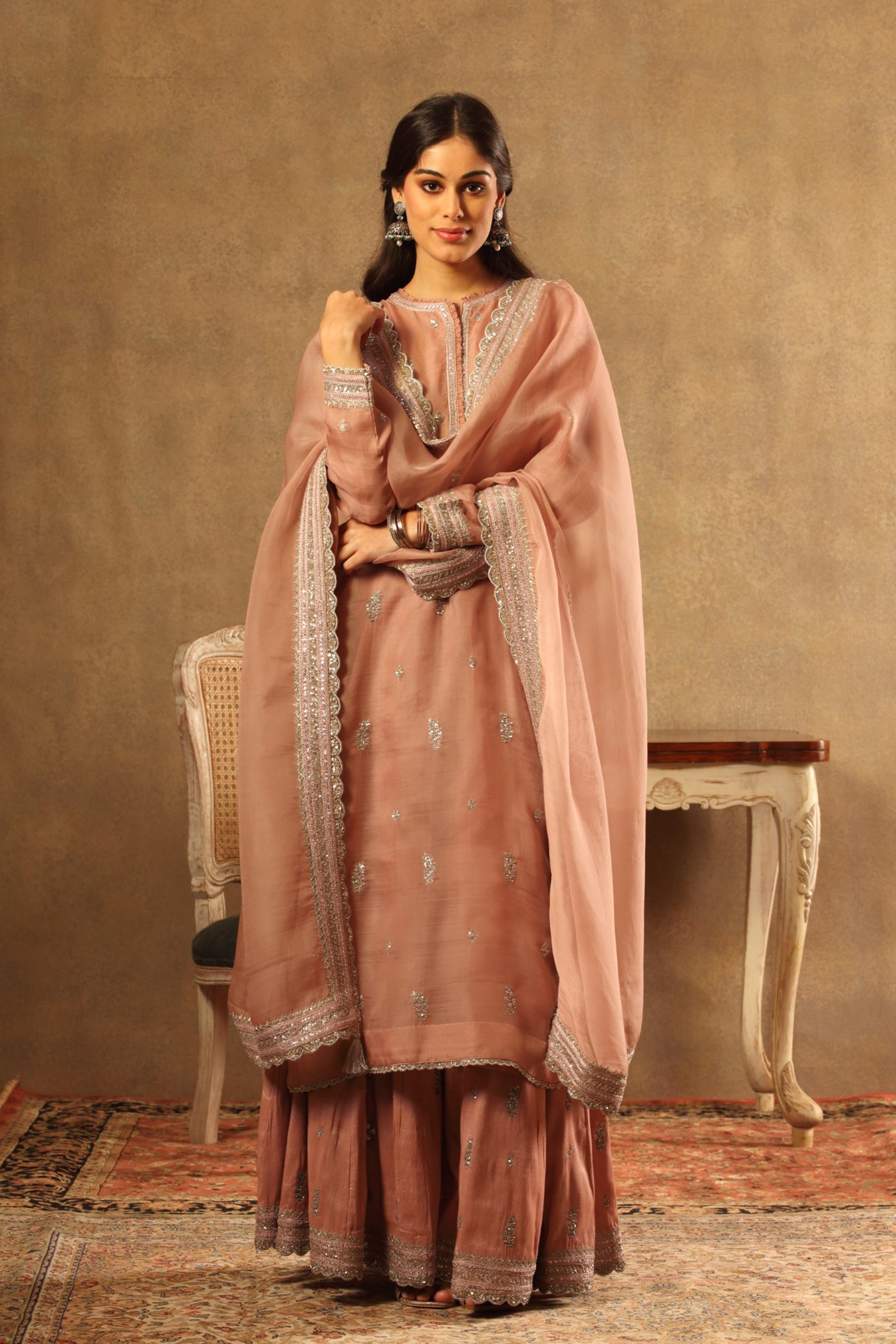 Hand Embroidered Rose Brown Pure Katan Silk Long Kurta Sharara Set