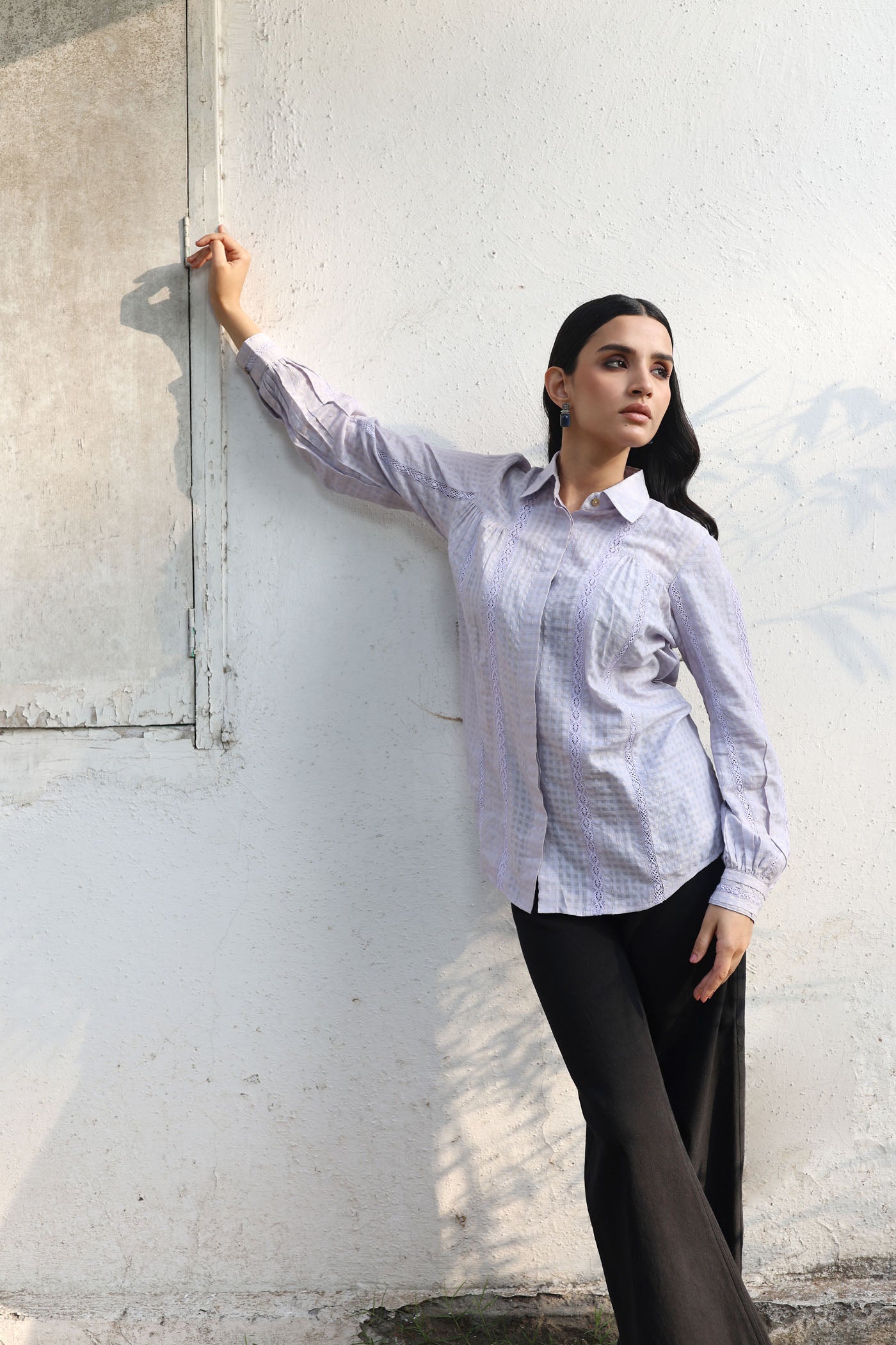 Dusty-Blue Handloom Pure Silk-Cotton (With Self-Checks) Collared Short-Blouse With Cotton Laces & Coconut Buttons