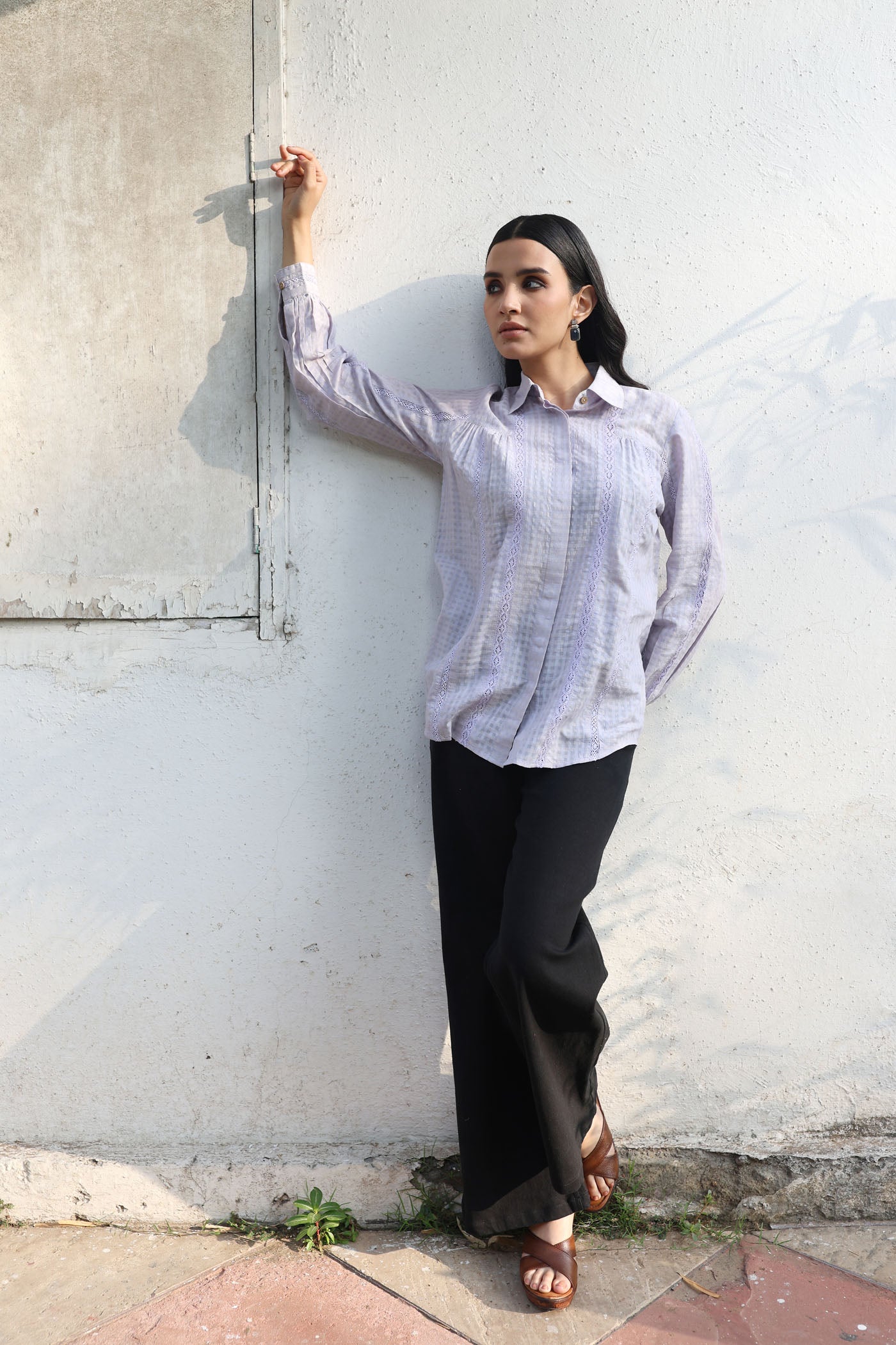 Dusty-Blue Handloom Pure Silk-Cotton (With Self-Checks) Collared Short-Blouse With Cotton Laces & Coconut Buttons