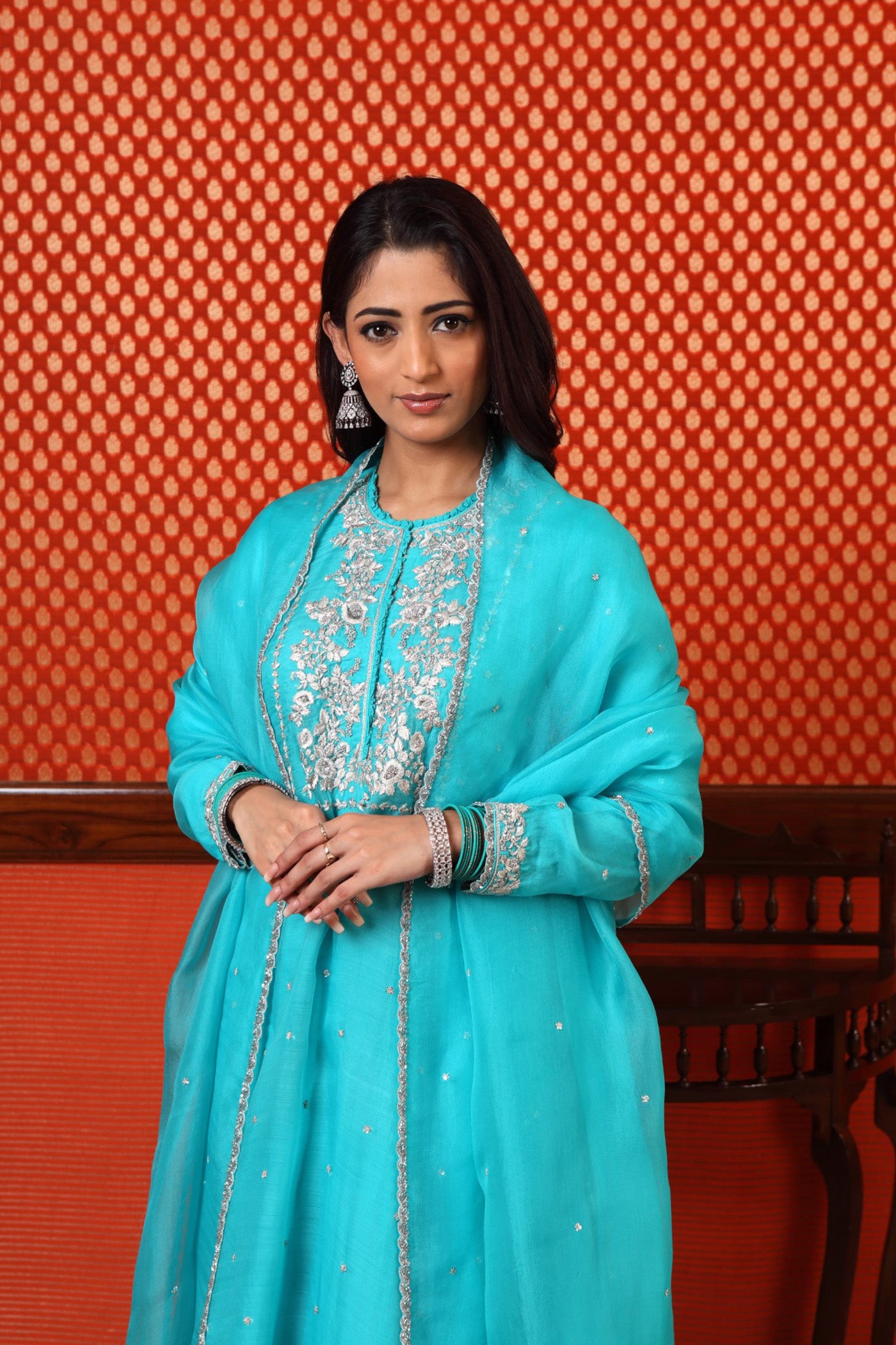 Hand Embroidered Sea Blue Pure Katan Silk Kurta Sharara Set