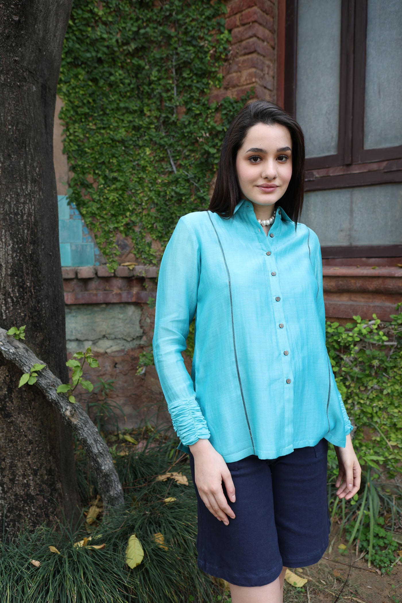 Sea-Blue Pure Silk-Cotton Front-Open Collared Short-Blouse With Ruched Cuffs