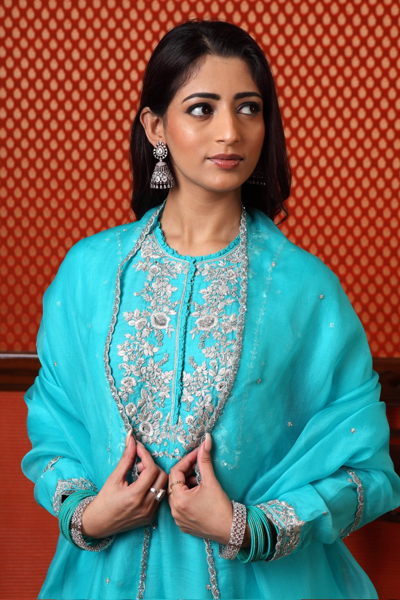 Hand Embroidered Sea Blue Pure Katan Silk Kurta Sharara Set