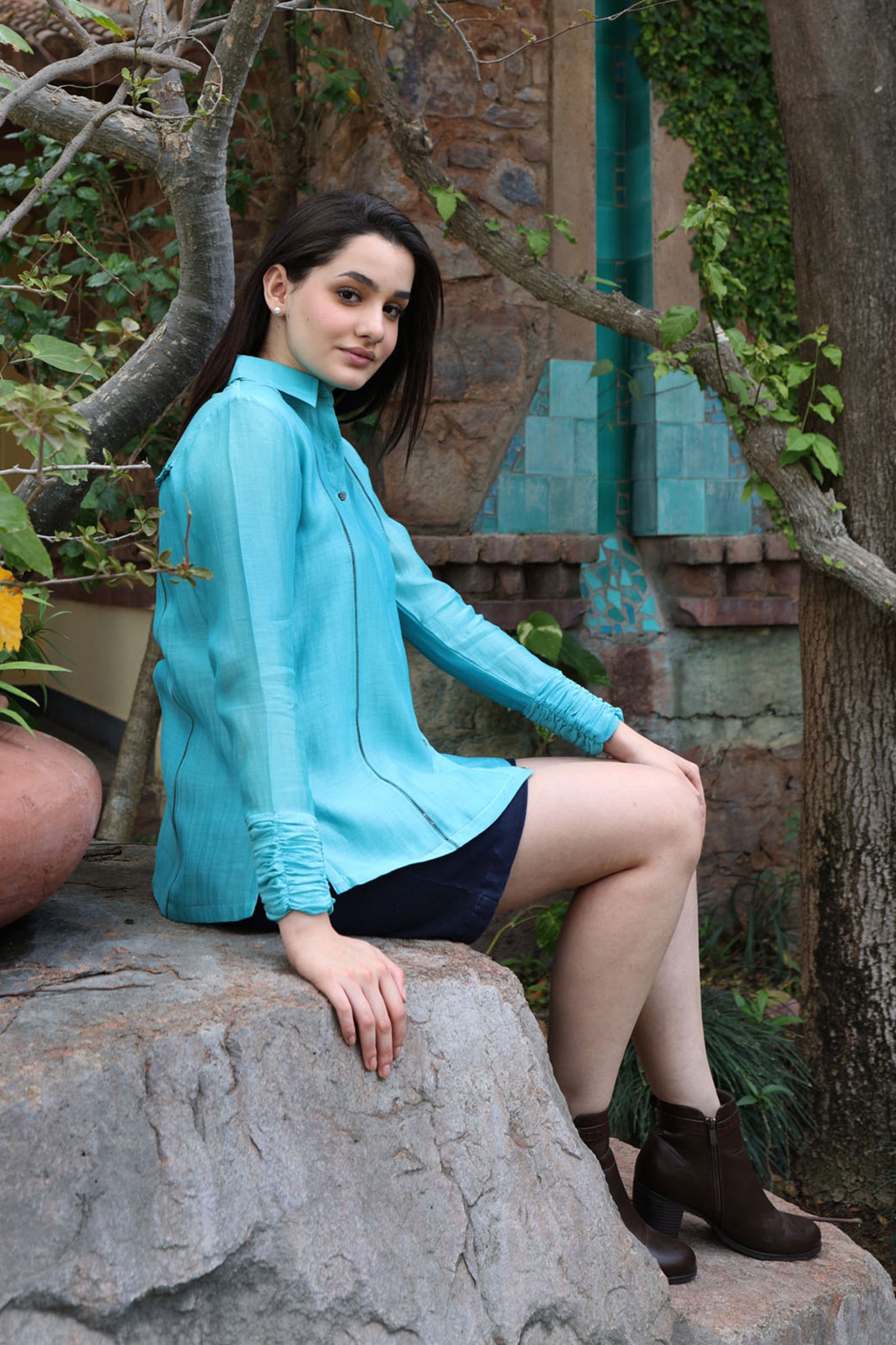 Sea-Blue Pure Silk-Cotton Front-Open Collared Short-Blouse With Ruched Cuffs